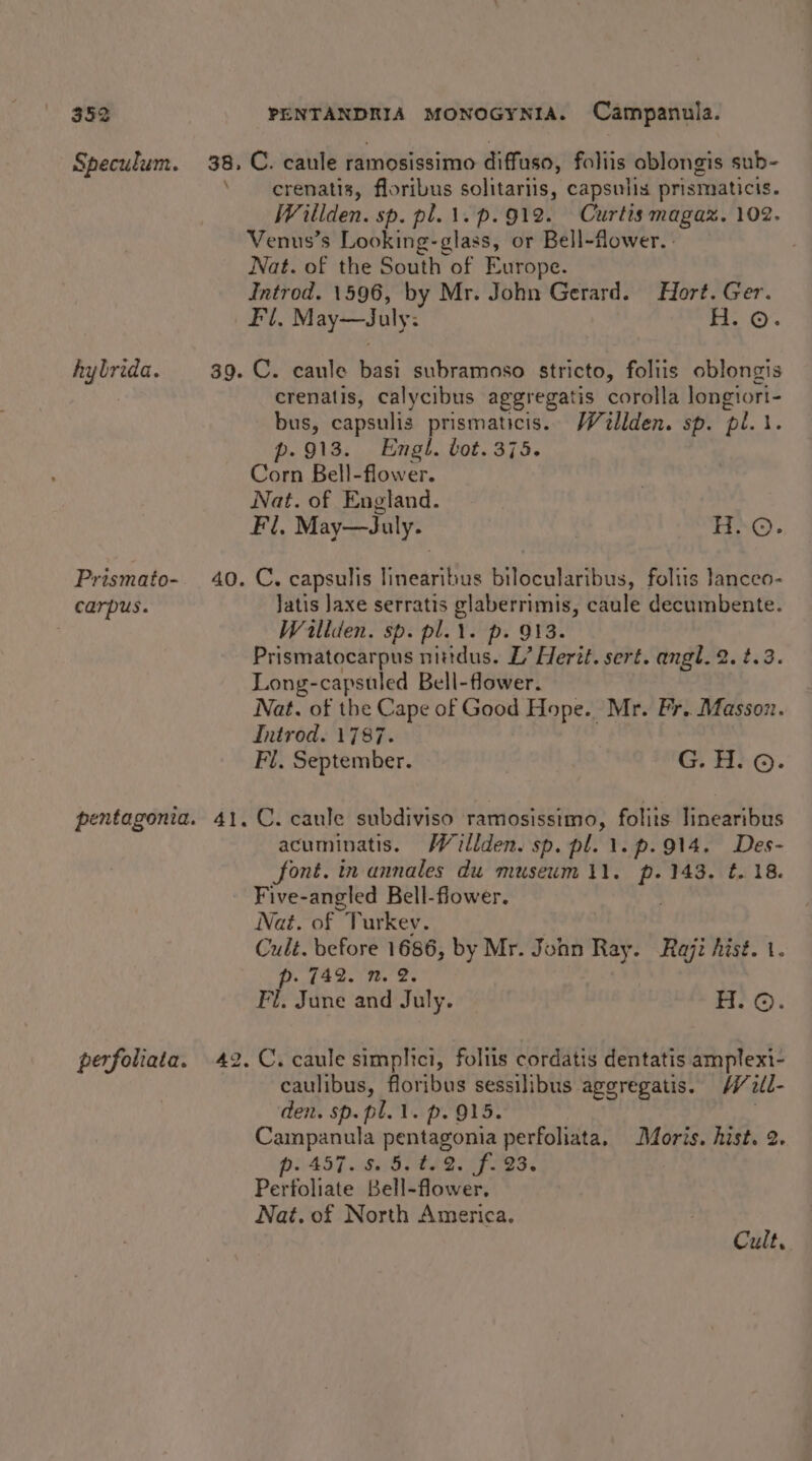 Speculum. hybrida. Prismato- carpus. perfoliata. . » tS C. caule ramosissimo diffuso, foliis oblongis sub- crenatis, floribus solitariis, capsulis prismaticis. Wiliden. sp. pl. \.p.912. Curtis magax. 102. Venus’s Looking-glass, or Bell-flower. Nat. of the South of Europe. Introd. 1596, by Mr. John Gerard. Hort. Ger. Fl. May—July: H. ©. C. caule basi subramoso stricto, foltis oblongis crenatis, calycibus aggregatis corolla longiort- bus, capsulis prismaticis.. Woillden. sp. pl. 1. p.913. Engl. bot. 375. Corn Bell-flower. Nat. of England. Fl, May—July. H. ©. C. capsulis linearibus bilocularibus, foliis Janceo- Jatis Jaxe serratis glaberrimis, caule decumbente. Willden. sp. pl. i. p. 913. Prismatocarpus nittdus. L Hert. sert. angl. 2. t.3. Long-capsuled Bell-flower. Nat. of the Cape of Good Hope. Mr. Fr. Massoz. Introd. 1787. Fl. September. GC H3.G). C. caule subdiviso ramosissimo, folits linearibus acuminatis. Wéillden. sp. pl. 1.p.914. Des- font. in annales du museum 11. p. 143. t. 18. Five-angled Bell-flower. Nat. of Turkev. : Cult. before 1686, by Mr. John Ray. Raji hist. 1. p. 742. n. 2. . Fl. June and July. H. ©. caulibus, floribus sessilibus ageregatis. H/ill- den. sp. pl.1. p. 915. | Campanula pentagonia perfoliata, Moris. hist. 2. PHAST GATHERS LG HES Perfoliate Bell-flower. Nat. of North America.