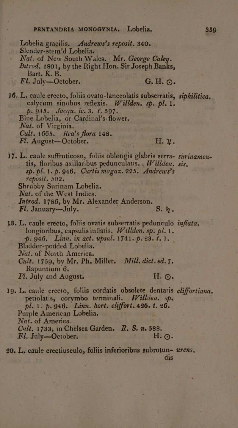 Lobelia gracilis. Andrews’s reposit. 340. Slender-stem’d Lobelia. ~ | Nat. of New South Wales. Mr. George ne b rs 1 es by the Right Hon. Sir Joseph Banks, art. K. B. : L. caule erecto, foltis ovato-lanceolatis subserratis, siphilitica, calycum sinubus reflexis. Woillden. sp. pl. 1. p. 945. Jacqu. ic. 3. t. 597. . Blue Lobelia, or Cardinal’s-flower. Nat. of Virginia. Cult. 1665. Rea’s flora 148. | Fl. August—October. | TH, L. caule suffruticoso, foliis oblongis glabris serra- szrinamen- - tis, floribus axillaribus pedunculatis. . Willden. sis, sp. pl.1.p.946. Curtis magax. 225. Andrews’s reposit. 502. Shrubby Surinam Lobelia. Introd. 1786, by Mr. Alexander Anderson. Fl, January—July. ; S. h. Jongioribus, capsulis inflatis. Wallden. sp. pl. 1. p. 946. Linn. in act. upsal. 1741. p.23.t.3. | Bladder-podded Lobelia. Cult. 1759, by Mr. Ph. Miller. Mill. dict. ed. 7. Rapuntium 6. L. caule erecto, foliis cordatis obsolete dentatis cliffortiana, petiolatis, corymbo terminali. Wéillden. sp. | pl. 1. p. 946. Linn. hort. cliffort. 426. t. 26. Nat. of America. | mA, Cult. 1733, in Chelsea Garden. R. S. 2. 588. Fl, July—October. H.©. dis