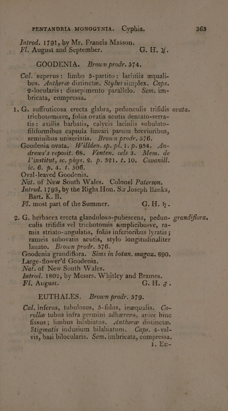Introd. 1791, by Mr. Francis Masson. Fl, August and September. gees: ah » GOODENIA. Brown prodr. 574. Cal. superus: limbo 5-partito: laciiis equali- bus. Anthere distincte. Stylus simplex. Caps. 2-locularis: dissepimento parallelo. Sem. im- bricata, compressa. ! 1. G. suffruticosa erecta glabra, pedunculis trifidis ovata. trichotomisve, foliis ovatis acutis dentato-serra- tis: axillis barbatis, calycis laciniis subulato- filiformibus capsula lineari parum brevioribus, seminibus uniseniatis. Brown prodr. 576. Goodenia ovata. Wiliden. sp. pl.1. p.954. An- drews’s reposit. 68. Venten. cels 3. Mem. de L’institut, sc. phys. 2. p. 321. t.10, Cavanill. 6 9.4. Ne. 506. Oval-leaved Goodenia. Nat. of New South Wales. Colonel Paterson. - Introd. 1793, by the Right Hon. Sir Joseph Banks, Bart. K. B. Fl. most part of the Summer. Ps aR ie 2. G. herbacea erecta glanduloso-pubescens, pedun- grandiflora, | culis trifidis vel trichotomis simplicibusve, ra- mis striato-angulatis, foliis infertoribus lyratis ; rameis subovatis acutis, stylo longitudinaliter lanato. Brown prodr. 576. _ Goodenia grandiflora. Sims in botan. magaz. 890. Large-flower’d Goodenia. Nat. of New South Wales. Introd. 1802, by Messrs. Whitley and Brames. Fi, August. Ce Es: EUTHALES. Brown prodr. 579. Cal. inferus, tubulosus, 5-fidus, inaequalis. Co- rolle tubus infra germini adherens, apice hinc fissus; limbus bilabiatus. dnthere distincte. Stigmatis indusium bilabiatum. Caps. 4-val- yis, basi bilocularis. Sem. imbricata, compressa, 1, Ev-