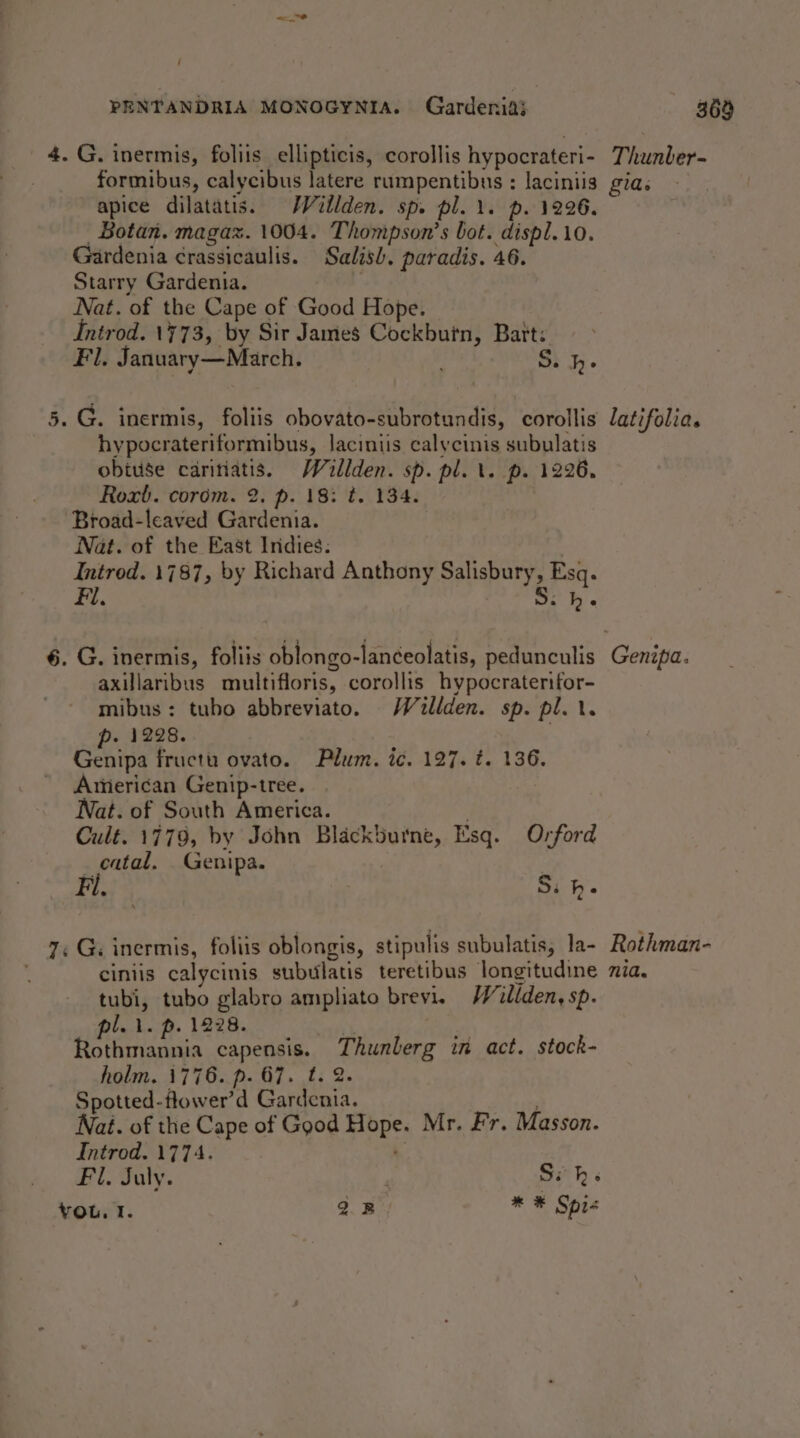 | PENTANDRIA MONOGYNIA. Gardenia; 369 4. G. inermis, foliis ellipticis, corollis hypocrateri- Thunber- formibus, calycibus latere rumpentibus : laciniis gia. apice dilatatis. Willden. sp. pl. 1. p. 1226. Botan. magaz. 1004. Thompson’s bot. displ. 10. Gardenia crassicaulis. Salish. paradis. 46. Starry Gardenia. | Nat. of the Cape of Good Hope. Introd. 1773, by Sir James Cockburn, Bart: Fil. January—March. S. he 5. G. inermis, foliis obovato-subrotundis, corollis latifolia. hypocrateriformibus, laciniis calycinis subulatis obtuse caritiatis. Willden. sp. pl. \. p. 1226, Roxt. cordm. 2. p. 18: t. 134. Broad-leaved Gardenia. Nat. of the East Indies. Introd. 1787, by Richard Anthony Salisbury, Esq. Fl, 5. he 6. G. inermis, foliis oblongo-lanceolatis, pedunculis Genipa. axillaribus multifloris, corollis hypocraterifor- mibus: tubo abbreviato. Weiillden. sp. pl. i. p. 1228. | Genipa fructu ovato. Plum. ic. 127. t. 136. American Genip-tree. Nat. of South America. : Cult. 1779, by John Blackburne, Esq. Orford pit Genipa. Fl, S: h.- 7. G. inermis, foliis oblongis, stipulis subulatis, la- Rothman- ciniis calycinis subulatis teretibus longitudine xia. tubi, tubo glabro ampliato brevi. Willden, sp. pl. i. p. 1228. ‘. a Rothmannia capensis. Thunlerg in act. stock- holm. 1776. p. 67. t. 2. Spotted-flower’d Gardenia. oe Naé. of the Cape of Ggod Hope. Mr. Fr. Masson. Introd. 1774. . Fil. Suly. Si* hs