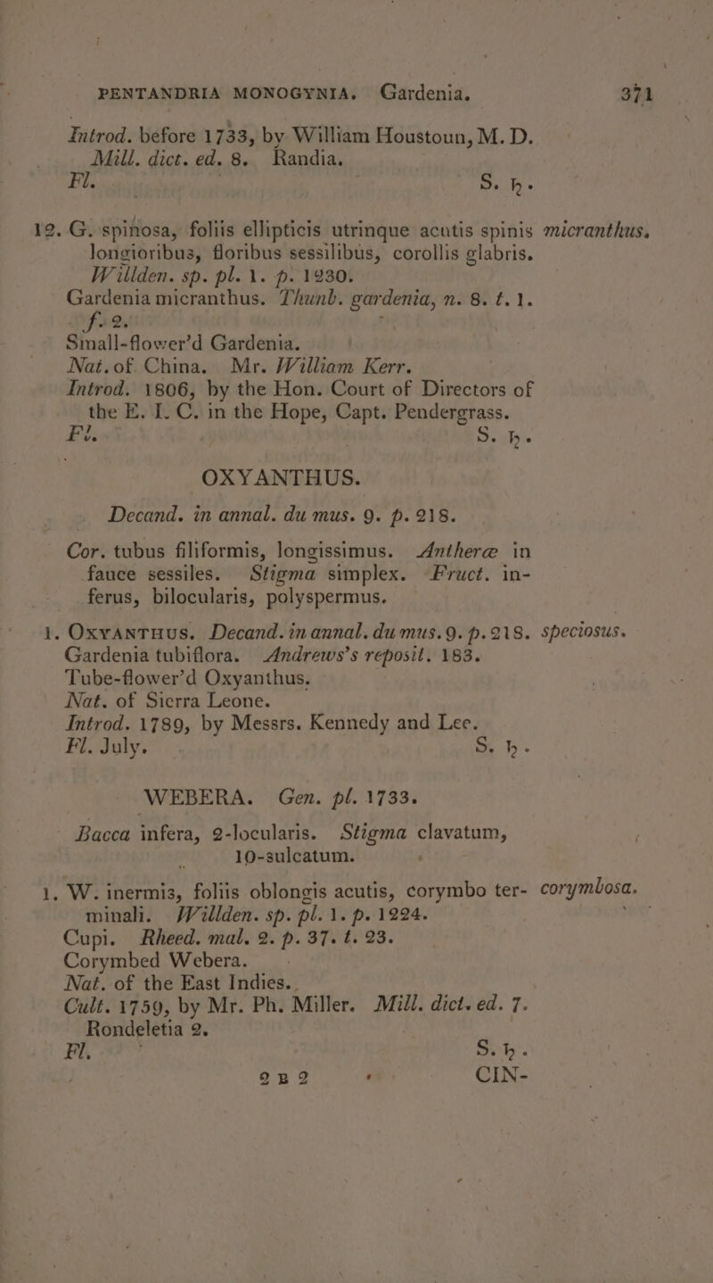 Introd. before 1733, by William Houstoun, M. D. Mill. dict. ed. 8.. Randia. : | 2 eae al S. h- Jongioribus, floribus sessilibus, corollis glabris. Willden. sp. pl. 1. p. 1930. pe micranthus. Thunb. gardenia, n. 8. t.1. AD, r Small-flower’d Gardenia. Nat.of. China. Mr. William Kerr. : Introd. 1806, by the Hon. Court of Directors of the E. 1. C. in the Hope, vane Pendergrass. Kibo DS. he OXYANTHUS. Decand. in annal. du mus. 9. p. 218. Cor. tubus filiformis, longissimus. Anthere in fauce sessiles. Stigma simplex. Fruct. in- ferus, bilocularis, polyspermus. Gardenia tubiflora. Andrews’s reposit. 183. Tube-flower’d Oxyanthus. Nat. of Sicrra Leone. Introd. 1789, by Messrs. Kennedy and Lee. Fl, July. Ss. h : WEBERA. Gen. pl. 1733. Bacca infera, 2-locularis. Stigma Seratanty 10-sulcatum. minali. Wéillden. sp. pl. 1. p. 1224. Cupi. Rheed. mal. 2. p. 37. t. 23. Corymbed Webera. Nat. of the East Indies. Cult. 1759, by Mr. Ph. Miller. Mill. dict. ed. 7. Rondeletia 2. &amp; 3 Fl, Soh. 9Bn2 iil CIN-