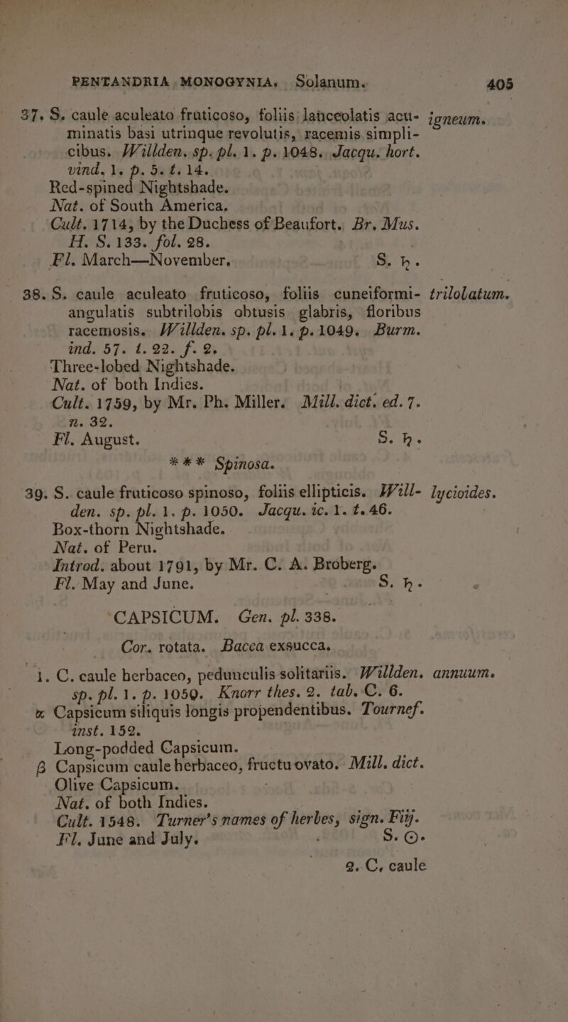 37. S. caule aculeato fruticoso, foliis laticeolatis acu- igneum. minatis basi utrinque revolutis, racemis,simpli- cibus. Willden. sp. pl. 1. p. 1048. Jacqu. hort. vind, 1. p. 5. ¢. 14. | Red-spined Nightshade. Nat. of South America, Cult. 1714, by the Duchess of Beaufort. Br. Mus. H. 8.133. fol. 28. . Fl. March—November. Sh. 38.S. caule aculeato fruticoso, foliis cuneiformi- trilolatum. angulatis subtrilobis obtusis glabris, floribus racemosis. Willden. sp. pl.1.p.1049. Burm. ind. 57. 1.22. f. 2 Three-lobed Nightshade. Nat. of both Indies. | Cult. 1759, by Mr. Ph. Miller. Mil. dict. ed. 7. nm. 32. Fi, August. — S.h- *** Spinosa. 39. S. caule fruticoso spinoso, foliis ellipticis. H2l/- lycioides. den. sp. pl. 1. p. 1050. Jacqgu. tc. 1. £2.46. | Box-thorn Nightshade. Nat. of Peru. Intred. about 1791, by Mr. C. A. Broberg. Fl. May and June. S.h- ‘CAPSICUM. Gen. pl. 338. Cor. rotata. Bacea exsucca. i. C. caule berbaceo, pedunculis solitariis. Willden. annuum. sp. pl.1. p.105Q. Knorr thes. 2. tab. C. 6. x Capsicum siliquis longis propendentibus. Tournef. inst. 152. | Long-podded Capsicum. santos 6 Capsicum caule herbaceo, fructuovato. Mill, dict. Olive Capsicum. Nat. of both Indies. Cult. 1548. Turner’s names of herbes, sign. Fit. Fl, June and July. ‘ S. 2. Cy caule