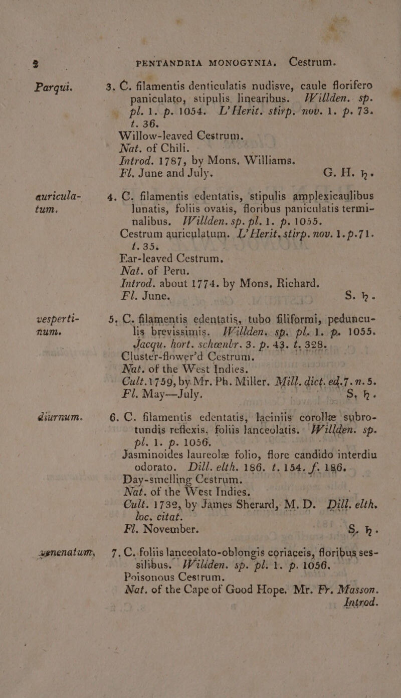 Parqut. auricula- tum, vespertt- num eiurnum. wenenatum, a. a Z PENTANDRIA MONOGYNIA. Cestrum. paniculato, stipulis linearibus. Wéillden. sp. pl.i. p.1054. L’ Herit. stirp. nov. 1. p. 73. t. 36. Willow-leaved Cestrum. Nat. of Chilt. Introd. 1787, by Mons. Williams. Fl, June and July. G. H. h- lunatis, foliis ovatis, floribus paniculatis termi- nalibus. /Villden. sp. pl.1. p. 1055. Cestrum quriculatum. L’ Herit, stirp. nov. 1.p.71. by 355 Ear-leaved Cestrum. Nat. of Peru. Introd. about 1774. by Mons. Richard. Fl. June. Sh. lis brevissimis. /Willden. sp. pl. 1. ps 1055. Jacqu. hort. scheenlr. 3. p. 43. t, 328. Cluster-flower’d Cestrum. Nat. of the West Indies. Cult.1759, by.Mr. Ph. Miller. Mill. dict, ed.7.1.5. Fl, May—July. S tundis reflexis, foliis lanceolatis. JV illden. sp. pl. 1. p. 1056. : Jasminoides laureolx folio, flore candido interdiu odorato. Dill. elth. 186. t. 154. f. 186. Day-smelling Cestrum. Nat. of the West Indies. Cult. 1732, by James Sherard, M. D. Dill. elth, loc. citat. Fl. November. | A i BS C. foliis lanceolato-oblongis coriaceis, floribus ses- silibus. MWiliden. sp. “pl. lb. p. 1056. Poisonous Cestrum. Nat. of the Cape of Good Hope, Mr. Fr. Masson. Introd.