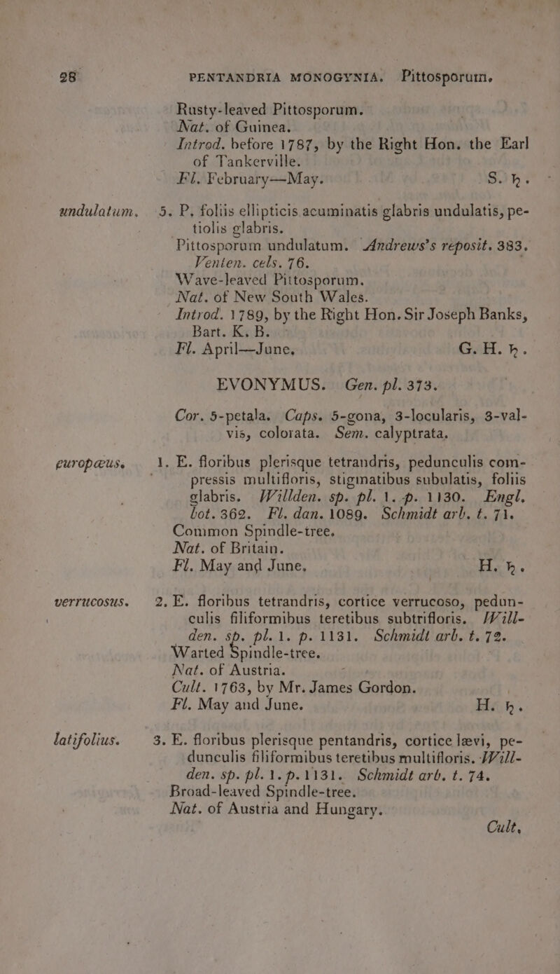 a8 eUTOPRUS. VETTUCOSUS » latifolius. PENTANDRIA MONOGYNIA. Pittosporum, Rusty-leaved Pittosporum. Nat. of Guinea. Introd. before 1787, by the Right Hon, the Ear! of Tankerville. Fl, February—May. | Shs P, foliis ellipticis acuminatis glabris undulatis, pe- tiolis glabris. Pittosporum undulatum. Andrews’s reposit. 383. Venten. cels. 76. ya Jeaved Pittosporum. Jat. of New South Wales. Pod 1789, by the Right Hon. Sir Joseph Banks, Bart. K. B. Fl. April—June, alt.) . EVONYMUS.. Gen. pl. 373. Cor. 5-petala. Caps. 5-gona, 3-locularis, 3-val- vis, colorata. Sem. calyptrata. pressis multifloris, stigmatibus subulatis, foliis glabris. Willden. sp. pl. 1. p. 1130. Engl, bot.362. Fl. dan.1089. Schmidt arl, t. 71. Common Spindle-iree. Nat. of Britain. Fl. May and June, H. b. E. floribus tetrandris, cortice verrucoso, pedun- culis filiformibus teretibus subtrifloris. /72ll- den. e pl. 1. p. 1131. Schmidt arb. t. 72. Warted Spindle-tree. | Nat. of Austria. Cult. 1763, by Mr. ita Gordon. 7 Fl. May and June. High . dunculis filiformibus teretibus multifloris. }/2//- den. sp. pl.1.p.1131. Schmidt arb. t. 74. Broad-leaved Spindle-tree. Nat. of Austria and Hungary. Cult,