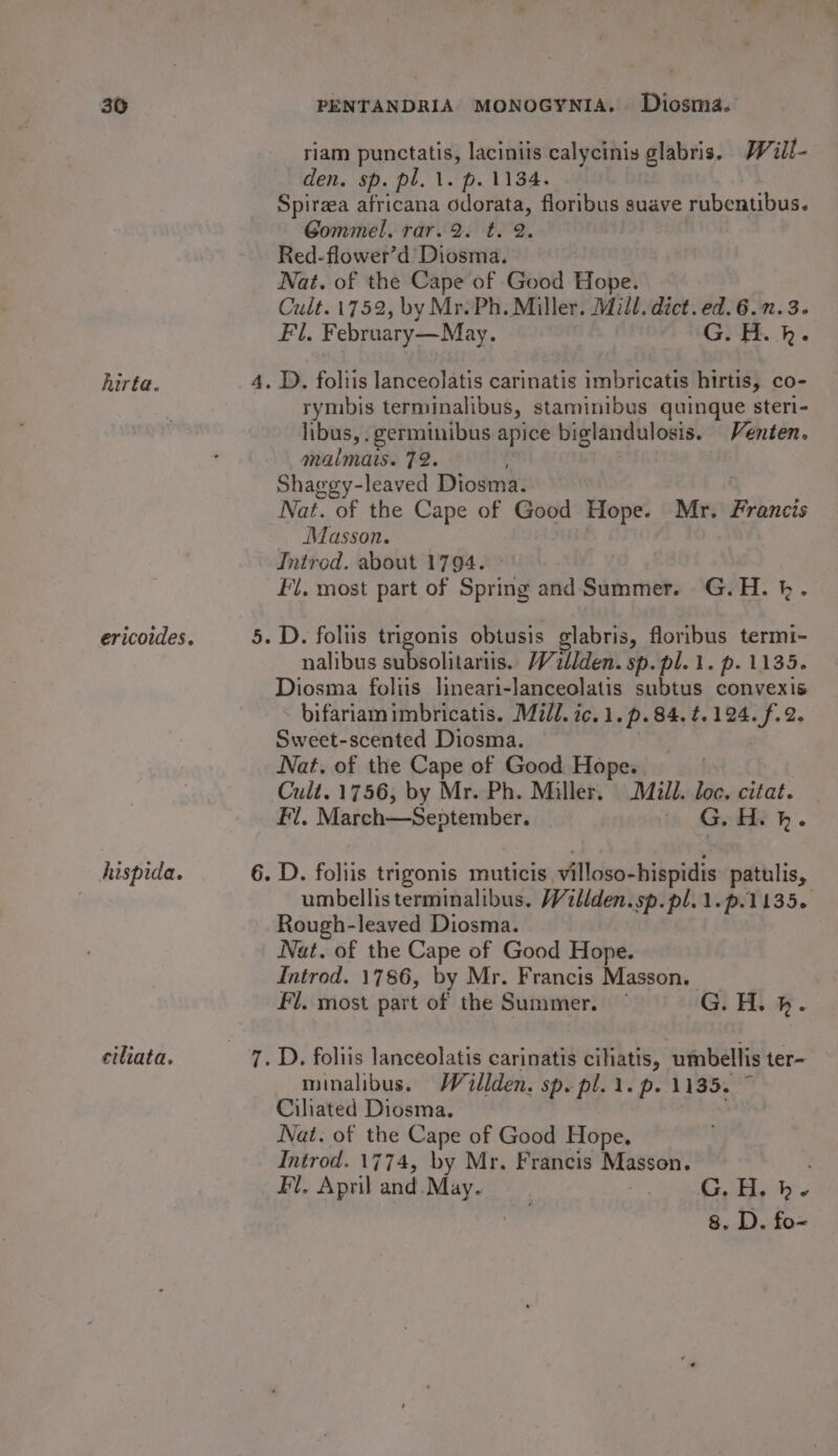 30 hirta. hispida. ciliata. PENTANDRIA MONOGYNIA.. Diosma. riam punctatis, laciniis calycinis glabris. Wiil- den. sp. pl. 1. p. 1134. Spirzea africana odorata, floribus suave rubentibus. Gommel. rar. 2. t. 2. Red-flower’d Diosma. Nat. of the Cape of Good Hope. Cult. 1752, by Mr. Ph. Miller. Mill. dict. ed.6.7.3. Fl. February—May. G. H. hk. rymbis terminalibus, staminibus quinque steri- libus,. germinibus apice biglandulosis. Venten. malmais. 72. Shagey-leaved Diosma. . Nat. of the Cape of Good Hope. Mr. Francis _ Masson. Introd. about 1794. Fi. most part of Spring and Summer. G.H. h nalibus subsolitariis. Villden. sp. pl. 1. p. 1135. Diosma foliis lineari-lanceolatis subtus convexis bifariamimbricatis. Mill. ic.1.p.84. t. *s gi ame Sweet-scented Diosma. Nat. of the Cape of Good Hope. | Cult. 1756, by Mr. Ph. Miller. Mill. loc. citat. Fl. March—September. | G.Hek. umbellis terminalibus. Willden.sp.pl.1.p.1135. Rough-leaved Diosma. Nat. of the Cape of Good Hope. Introd. 1786, by Mr. Francis Masson. Fl. most part of the Summer. G. H. h. minalibus. Wéillden. sp. pl... p. 1135. &gt; Ciliated Diosma. Nat. of the Cape of Good Hope. Introd. 1774, by Mr. Francis Masson. Fl. Apriland.May. Pee TP ae