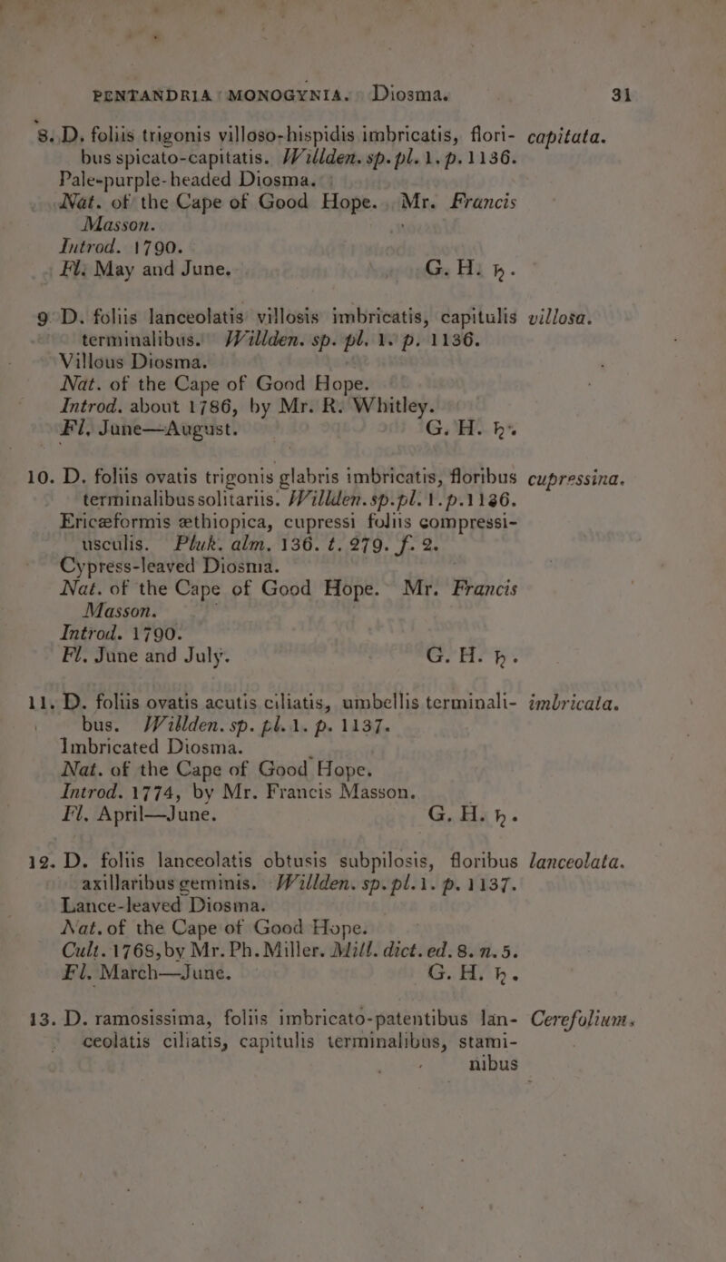 8.,D. foliis trigonis villoso-hispidis imbricatis, flori- bus spicato-capitatis. Wellden. sp. pl. 1. p.1136. Pale-purple- headed Diosma. | Nat. of the Cape of Good Hope... Mr. Francis Masson. a Introd. 1790. Fl; May and June... G. HH. b. 9D. foliis lanceolatis villosis imbricatis, capitulis terminalibus. Wéillden. sp. pl. 1. p. 1136. Villous Diosma. | Nat. of the Cape of Good Hope. Introd. about 1786, by Mr. R. Whitley. Fil, June—August. G.H. h» 10. D. foliis ovatis trigonis glabris imbricatis, floribus terminalibussolitariis. Willden.sp.pl.1.p.1186. _ Ericzeformis ethiopica, cupressi foliis compressi- usculis. Pluk. alm, 136. ¢. 279. f. 2. Cypress-leaved Diosma. Nat. of the Cape of Good Hope. Mr. Francis Masson. ' Introd. 1790. Fl. June and July. ere bas ty 11, D. foliis ovatis acutis ciliatis, umbellis terminali- bus. Walblden. sp. pli. p. 1137. Imbricated Diosma. b Nat. of the Cape of Good Hope. Introd. 1774, by Mr. Francis Masson. . Fl, April—June. G. Hash. 12. D. foltis lanceolatis obtusis subpilosis, floribus axillaribus ceminis. -Willden. sp. pl.i. p. 1137. Lance-leaved Diosma. Nat. of the Cape of Good Hope. | Cult. 1768,by Mr. Ph. Miller. Mall. dict. ed. 8.7.5. Fl. March—June. ‘GORY hb. 13. D. ramosissima, foliis imbricato-patentibus lan- ceolatis ciliatis, capitulis terminalibus, stami- capitata. villosa. cupressina. imbricala. lanceolata. Cerefolium.
