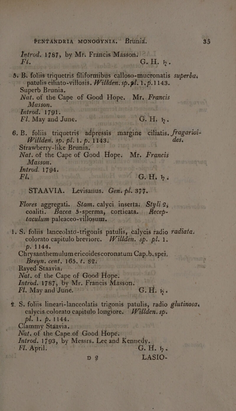 tetrad, 1787, by Mr. Francis Masson: ~ 5. By foliis triquetris filiformibus calloso-mucronatis superba; patulis ciliato-villosis, Willden: sp. pl. 1.p.1143. Nat. of the Cape of ae ss Mr. Francis Masson. Introd. 1791. er r . B. foliis triquetris adpressis margine ciliatis, fragarioi- Willden. sp. pl.\. p. 1143: des, Strawberry-like Brunia. ta opts Nat. of the Cape of Good ‘Hotes Mr. Francis Masson. _ Introd. 1794. Fi, “ G. H. h ry STAAVIA. Levisaiius: Gen. pl. ook. Flores aggregati. Stam. calyci inserta:, Styli 2; coaliti. Bacea 5-sperma, corticata. Recep- _taculum paleaceo-villosum. . 8; foliis lanceolato-trigonis patulis, . Pe radio radiata. colorato capitulo breviore. Wéillden. sp. pl. 1. p. 1144, Chrysanthemulum ericoidescoronatum Cap.b. spel. Breyn. cent. 165. t. 82: Rayed Staavia: Nat. of the Cape of Good Hope. Fl. May and June. G.H. 5. 2. S. foliis lineari-lanceolatis trigonis patulis, radio glutinosa. calycis.colorato capitulo longiore. Wéillden. sp. pl. 1. p. 1144. Clammy Staavia. Nat. of the Cape.of Good Hope: | Introd. 1793, by Messrs. Lee and Kennedy. | Fl. April. -G.H. he D2 LASIO-