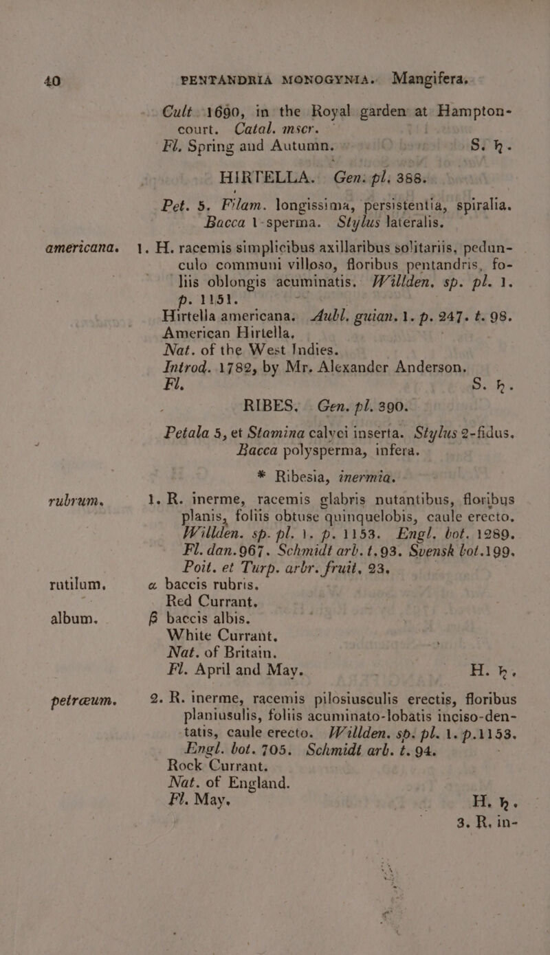 Cult. 1690, in the Royal garden at Hampton- court. Catal. mser. Fl, Spring aud Autumn, | S.h. HIRTELLA. Gen: pl. 388. Pet. 5. Filam. longissima, persistentia, spiralia. Bacca \-sperma. Stylus lateralis. americana. 1. H.racemis simplicibus axillaribus solitariis, pedun- | culo communi villoso, floribus pentandris, fo- iis oblongis acuminatis. Willden, sp. pl. 1. p. 1152. : | Hirtella americana. 4ubl, guian.1. p. 247. t. 98. American Hirtella, Nat. of the West Indies. Introd. 1782, by Mr. Alexander Anderson. Fl, S.h. RIBES, Gen. pl. 390. Petala 5, et Stamina calyci inserta. Stylus 2-fidus. Bacca polysperma, infera. * Ribesia, imermia. rubrum. 1. R. inerme, racemis glabris nutantibus, floribus planis, foliis obtuse quinquelobis, caule erecto. Willden. sp. pl. \. p. 1153. Engl, bot. 1289. Fl. dan.967. Schmidt arb. t.93. Svensk lot.199. Poit. et Turp. arbr. fruit, 23, | rutilum, a baccis rubris. ree Red Currant. album. B baccis albis. White Currant. Nat. of Britain. ) Fl. April and May. ! Fish ¢ petraum. 2. R. inerme, racemis pilosiusculis erectis, floribus planiusulis, foliis acuminato-lobatis inciso-den- tatis, caule erecto. Wallden. sp. pl. 1. p.1153. Engl. bot. 705. Schmidt arb. t. 94. Rock Currant. Nat. of England. Fl. May. : H. kh.