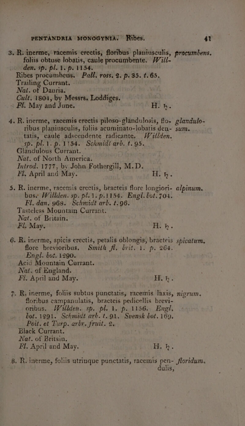 3. R. inerme, racemis erectis, floribus planiusculis, procumbens. foliis obtuse lobatis, caule procumbente. Will- _. den, sp. pl. 1. p. 1154. Ribes procumbens. Pall. ross. 2. p. 35. t. 65. Trailing Currant. Nal. ot Dauria. Cult. 1804, by Messrs. Endiiges. » Fl. May and June. H. hb. 4.R.1 inerme, racemis erectis piloso-glandulosis, flo. glandulo- ribus planiusculis, foliis acuminato-lobatis den- sum. __ tatis, caule adscendente radicante. Wotlden., sp. pl. 1. p.1154. Schmidi arb. t. 95. Glandulous Currant. ~ Nat. of North America. Introd. 1777, by John Fothergill, M.D. Fl, April and May. H. h. 5. R. inerme, racemis erectis, bracteis flore longiori- alpinum. bus~ Willden. sp. pl.1.p.1154. Engl. bot. 704. Fl. dan. 968. Schmidt arb. t.96. Tasteless Mountain Currant. Nai. of Britain. Fil, May. | 7 Tre h. 6. R. inerme, spicis erectis, petalis oblongis, bracteis spicatum, - flore brevioribus. Smith fi, brit, 1. p. 264. Engl. bot. 1290. Acid Mountain Currant. Nat. of England. Fi. April and May. H.h. 7. R. inerme, foltis subtus punctatis, racemis. laxis, nigrum. floribus campanulatis, bracteis pedicellis brevi- oribus. MWillden. sp. pl. 1. p. 1156. Engl, bot. 1291. Schmidt arb. t. 91. Svensk bot. 169. Poit. et Turp. arbr, fruit. 2, Black Currant. Nat. of Britain. | Fl. April and May. © | H.h. 8. R. inerme, foliis utrinque punctatis, racemis pen- floridum. dulis,