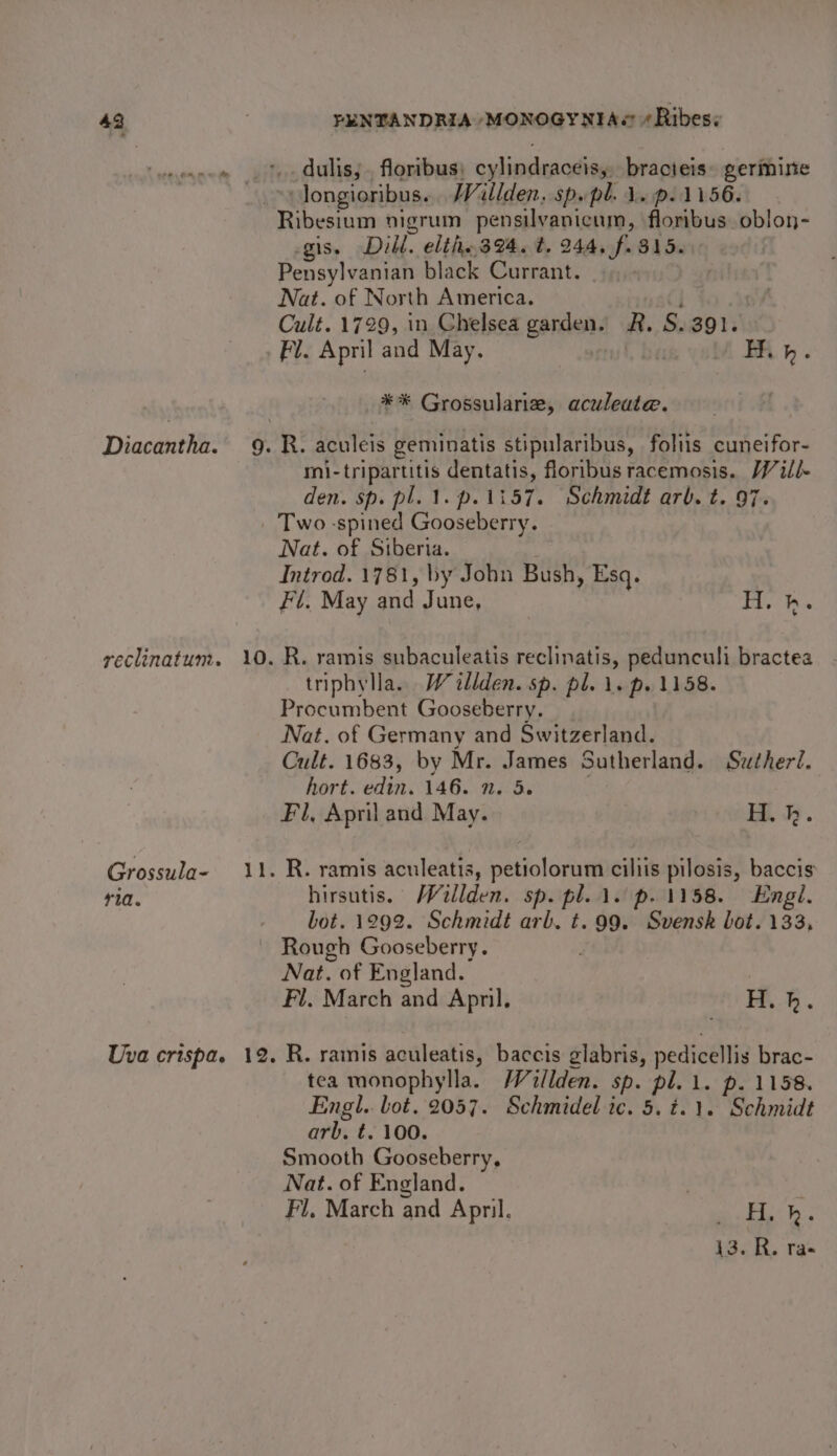 4a Diacantha. reclinatun. Grossula- via. PENTANDRIA MONOGYNIAS «Ribes: dulis,;. floribus; cylindraceis,. bracieis. germine Ribesium nigrum pensilyanicum, floribus. oblon- gis. Dill. elth. 324. t. 244, f. 315. Pensylvanian black Currant. . Nat. of North America. ; Cult. 1729, in Chelsea garden. R. S.391. Fl. April and May. ba Hib. ** Grossulania, aculeate. R. aculeis geminatis stipularibus, foliis cuneifor- mi-tripartitis dentatis, floribus racemosis. Will- den. sp. pl. 1. p.1157. Schmidt arb. t. 97. Two -spined Gooseberry. Nat. of Siberia. Introd. 1781, by John Bush, Esq. Fl. May and June, H, he R. ramis subaculeatis reclinatis, pedunculi bractea triphylla. W illden. sp. pl. 1. p. 1158. Procumbent Gooseberry. Nat. of Germany and Switzerland. Cult. 1683, by Mr. James Sutherland. Sztherl. hort. edin. 146. 1. 5. : Fl, April and May. H.k. R. ramis aculeatis, petiolorum ciliis pilosis, baccis hirsutis. Wellden. sp. pl.1. p. 1158. Engl. bot. 1292. Schmidt arb. t. 99. Svensk bot. 133, Rough Gooseberry. Nat. of England. | Fl. March and April, 1 ee tea monophylla. Willden. sp. pl. 1. p. 1158. Engl. lot. 2057. Schmidel ic. 5. t.1. Schmidt arb, t. 100. Smooth Gooseberry, Nat. of England. . Fl, March and April. le’ Fo: he R. Tae«