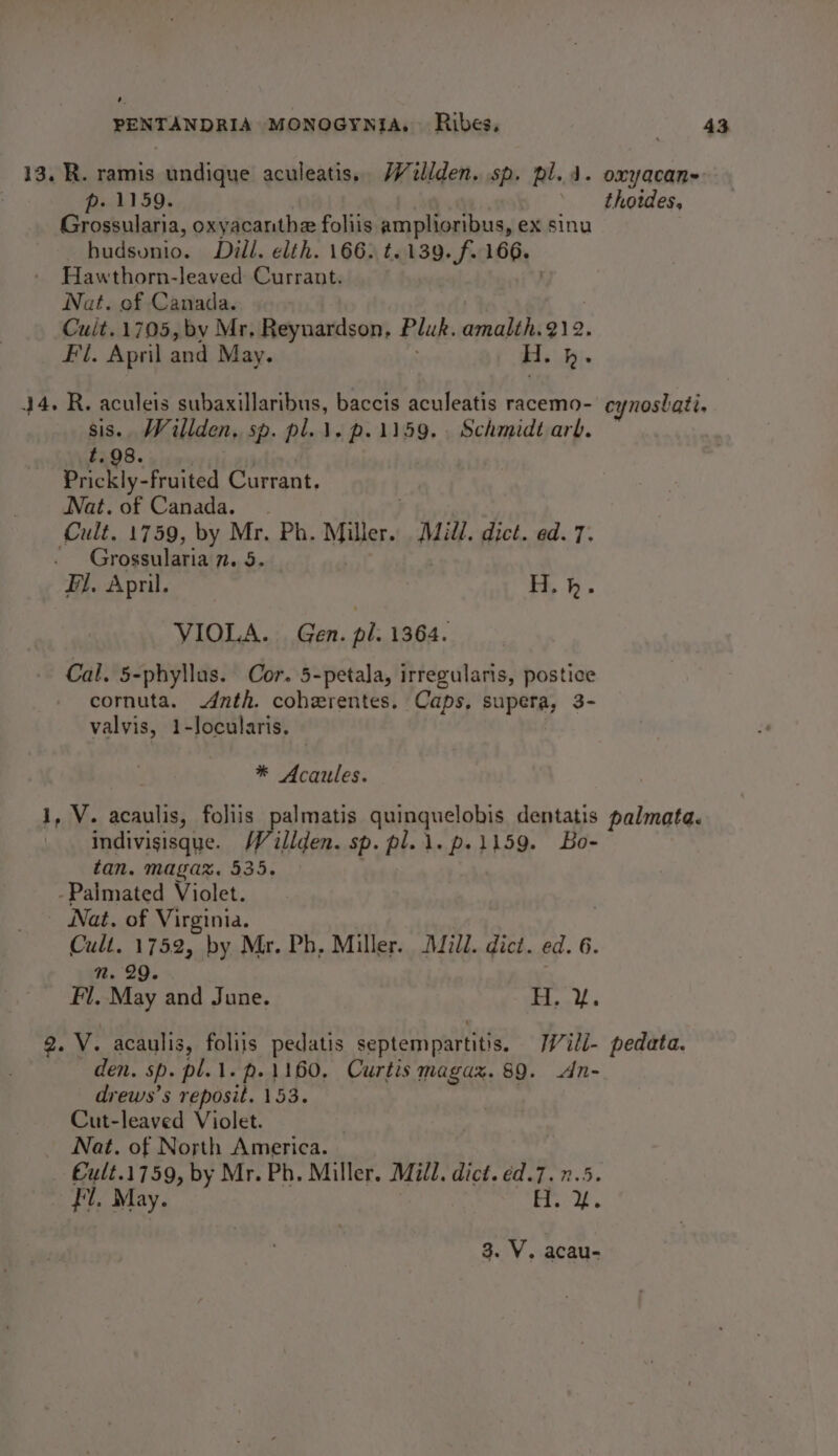 ,. PENTANDRIA MONOGYNIA,~ Ribes. Grossularia, oxyacanthe foliis amplioribus, ex sinu hudsunio. Dill. elth. 166: t. 139. f. 166. Hawthorn-leaved Currant. Nat. of Canada. Cult. 1705, by Mr. Reynardson, Pluk. amalth.2\2. Fil. April and May. H. h- 43 sis. Willden, sp. pl. \. p.1159. Schmidt arb. t. 98. | Prickly-fruited Currant. Nat. of Canada. Cult, 1759, by Mr. Ph. Miller. Mill. dict. ed. 7. Grossularia 7. 5. . Fl. April. H.h. VIOLA. Gen. pl. 1364. Cal. 5-phyllus. Cor. 5-petala, irregularis, postice cornuta. 4dnth. coherentes. Caps, supera, 3- valvis, 1-locularis. : * Acaules. indivisisque. /Villden. sp. pl..1.p.1159. Bo- tan. magaz%. 435. -Palmated Violet. Nat. of Virginia. | ee pints by Mr. Ph, Miller. Adill. dict. ed. 6. Fl. May and June. TA Bh den. Sp. pl.1.p. 1160. Curtis magax. 89. An- drews’s reposit. 153. Cut-leaved Violet. Nat. of North America. Cult.1759, by Mr. Ph. Miller. Mill. dict. éd.7.7.5. fl. May. 2 ee a