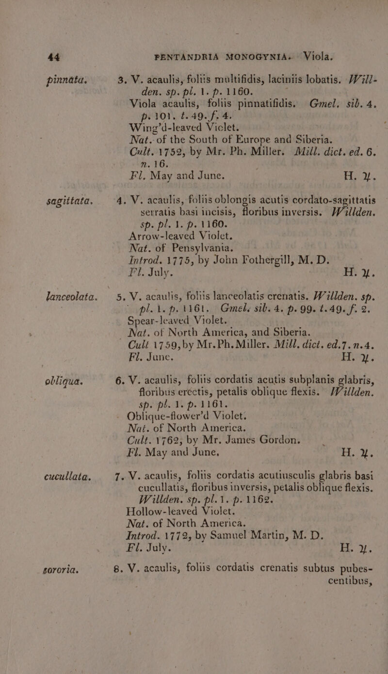 pinnata. sagittata. oblique. cucullaia. sororvia. den. sp. pl. 1. p. 1160. Viola acaulis, foliis pinnatifidis. Gmel. sib. 4. p. 101, ¢.49. f. 4. Wing’d-leaved Viclet. Nat. of the South of Europe and Siberia. Cult. 1752, by Mr. Ph. Miller. Midl. dict. ed. 6. n. 16. Fl, May and June. Pica, serratis basi incisis, floribus inversis. Willden. sp. pl. 1. p. 1160. Arrow-leaved Violet. Nat. of Pensylvania. Introd. 1775, by John Fothergill, M. D. ) Fl. July, BH: 2, pli. p. ti6t. Gmely sib. 4. p. 99. t.49. f. 2. Spear-leaved Violet. Nat. of North America, and Siberia. Fl, June. RAY V. acaulis, foliis cordatis acutis subplanis glabris, floribus erectis, petalis oblique flexis. Willden. sp. pl. 1. p. 1161. sy Nat. of North America. Cult. 1762, by Mr. James Gordon } Fl. May and June, H. y. cucullatis, floribus inversis, petalis oblique flexis. Willden. sp. pl.1. p. 1162. Hollow-leaved Violet. Nat. of North America. Introd. 1772, by Samuel Martin, M. D. Fi. July. H. 2%. V. acaulis, foliis cordatis crenatis subtus pubes- centibus,
