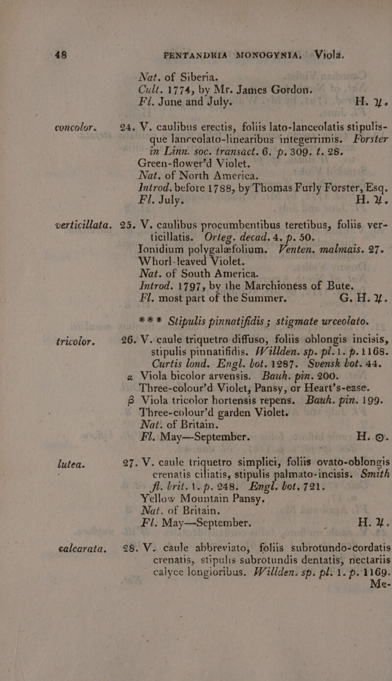 concolor. tricolor. lutea. calcarata. Cult. 1774, by Mr. James Gordon. Fi. June and July. H. y. V. caulibus erectis, foliis lato-lanceolatis stipults- que lanceolato-linearibus integerrimis. Forster in Linn. soc. transact. 6. p. 309. t. 28. Green-flower’d Violet. | Nat. of North America. Introd. before 1788, by Thomas Furly Forster, Esq. Fl. July. | Ft. Y. V. caulibus procumbentibus teretibus, foliis ver- ticillatis. Orteg. decad. 4. p. 50. Tonidium polygalefolium. Venten. malmais. 27. ~ Whorl-leaved Violet. Nat. of South America. Introd. 1797, by the Marchioness of Bute. Fl. most part of the Summer. G.H. Y. *** Stipulis pinnatifidis ; stigmate urceolato. V. caule triquetro diffuso, foliis oblongis incisis, stipulis pinnatifidis. Wilden. sp. pl.i. p. 1168. Curtis lond. Engl. bot. 1287. Svensk bot. 44. Viola bicolor arvensis. Bauh. pin. 200. Three-colour’d Violet, Pansy, or Heart’s-ease. Viola tricolor hortensis repens. Bauh. pin. 199. Three-colour’d garden Violet. Nat: of Britain. Fl, May—September. | H. ©. V. caule triquetro simplici, foliis ovato-oblongis crenatis ciliatis, stipulis palmato-incisis. Sth AA. brit.\. p. 248. £ngl. bot.721. Yellow Mountain Pansy. Nat. of Britain. Fl. May—September. H. Y. V. caule abbreviato, foliis subrotundo-cordatis crenatis, stipulis subrotundis dentatis, nectariis calyce longioribus. Wallden. sp. pl. 1. p. 1169. Me-