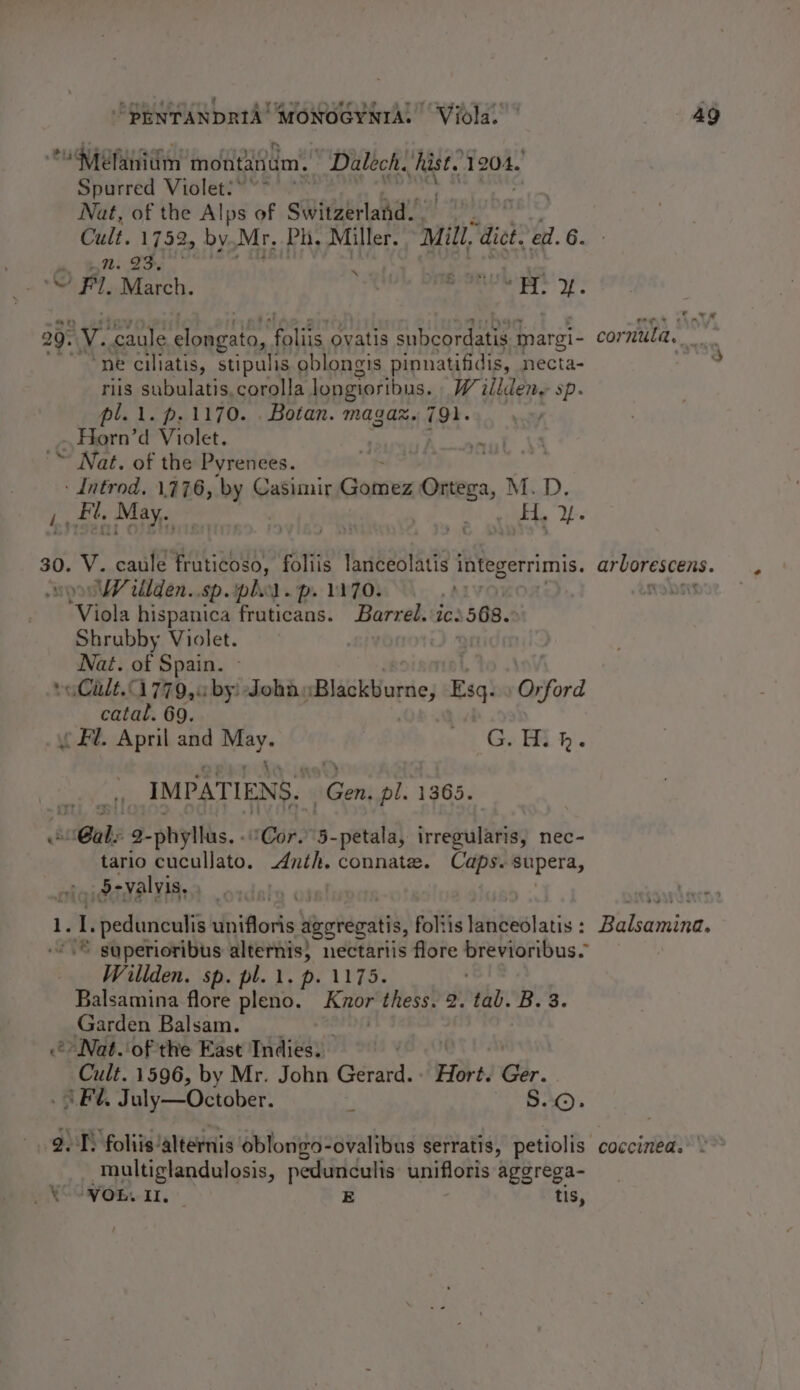 CuNsORN iin” motitafim. _Dalech. hist. 1204. Spurred Violet?’ Nat, of the Alps of Switzerland. Cult. 1752, by Mr, Ph. Miller. Mill, dict. ed. 6. a 7 2S. EME 5 vs © iy. March. ‘ *#F. 2E: 29. iy “caule op hn Nir ovatis subcordatis inargi- cornula. “ne ciliatis, stipulis oblongis pinnatifidis, necta- riis subulatis, corolla longioribus. Meine $i pl. 1. p.1170. Botan. magaz. 791. . Horn’d Violet. | Nat. of the Pyrenees. : Introd. 1.776, ‘by Casimir Canaicyes Ortega, M.D. ge #. May, i, FH. Y. a V. caule fruticoso, foliis lanceolatis j integerrimis. arborescens. Willden..sp.phl.p. 1170. NOD Vinla hispanica fruticans. Barred. ic: 568.° Shrubby Violet. Nat. of Spain. - veCilt. 779.0 by: Joha ‘Blackburne, Esq. Oxford catal. 69. &lt; Fl. April and ney G. Min. IMPATIENS. Gen pl. 1365. Gal: 2- _phyllas. ‘Cor. 5-petala, irregularis, nec- tario cucullato. Anth. connate. es Buperg, ee _5-valyis, 1 pedunculis ios Voter) foliis lanceolatis: Balsamina. -~.®© superioribus alternis} nectariis flore a: aid nal Willden. sp. pl. 1. p. 1175. Balsamina flore pleno. Knor thess. 2. tab. B. 3. Garden Balsam. © Nat. of the East Indies. Cult. 1596, by Mr. John Geist: Hort. Gar. AFl. July—October. i aaah OF - @eT! foliis/alternis oblongo-ovalibus serratis, petiolis coccinea. \ _ multiglandulosis, pedunculis unifloris aggrega- eon. I. E tis,
