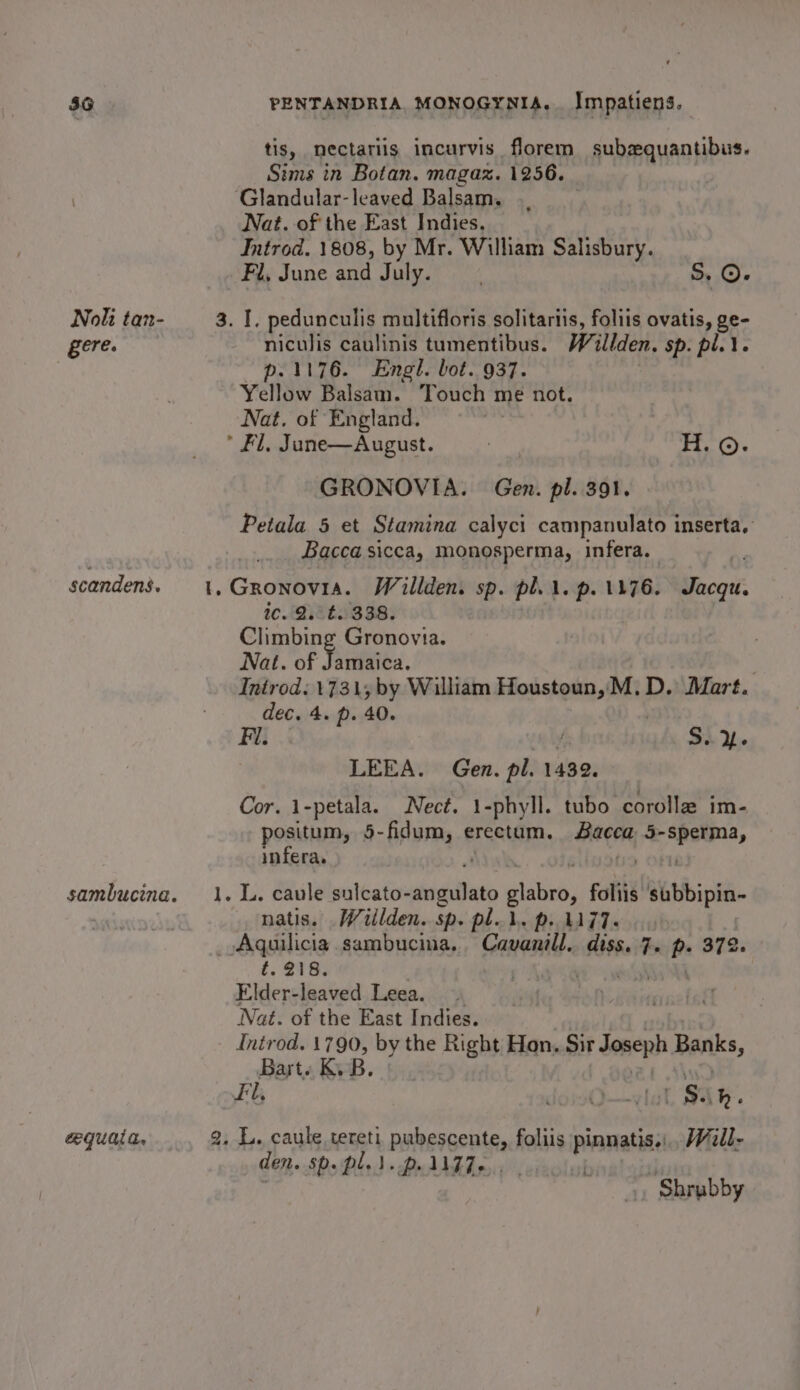 Noli tan- &amp;ere. scandens. equaia, PENTANDRIA MONOGYNIA.. Impatiens. tis, mectariig incurvis florem subsequantibus. Sims in Botan. magaz. 1256. Nat. of the East Indies. Introd. 1808, by Mr. William Salisbury. Fi, June and July. . S. O- niculis caulinis tumentibus. Wilden. Sp. pli. — p. 1176. Engl. bot. 937. Yellow Balsam. Touch me not. Nat. of England. | GRONOVIA. Gen. pl. 391. Petala 5 et Stamina calyci campanulato inserta, Bacca sicca, monosperma, infera. — ic. 2.°t. 338. Climbing Gronovia. Nat. of Jamaica. Inirod: 1731; by William Houstoun,M, D. Mart. dec. 4. p. 40. , Fl. / Sh Wie LEEA. Gen. pl. 1439. Cor. 1-petala. Nect. 1-phyll. tubo corolla im- positum, 5-fidum, erectum, Bacca 5-sperma, infera. . , OFM natis. .Willden. sp. pl..1. p. 1177. é. 218. Elder-leaved Leea. Nat. of the East Indies. Introd. 1790, by the Right Hon, Sir Joseph Banks, Bart. Ky B. Fl, doisQ—vlal 1 $a h. 2, L. caule tereti pubescente, foliis pianatis Will- den. Sp. pl. \.p.IF7~,, Shrubby