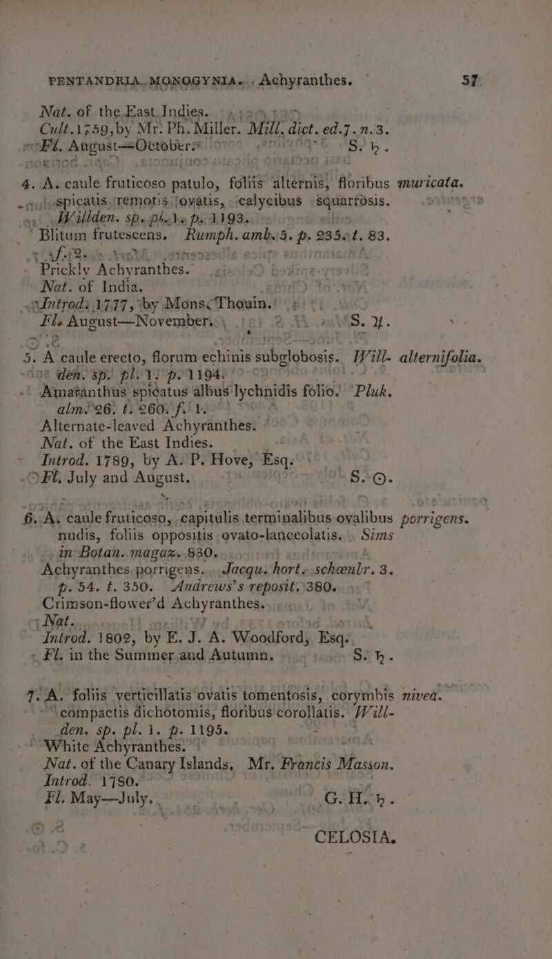 Nat. of the, East Indies. , Cult. 17.59, by Mr: Ph. Miller. ‘Mill, diet. sgn n.3. sent Soyer gta eee cs | S?h. 4, A. sat Grarndan ue folitg alternis, floribus muricata. |, spicatis, Temotis jovatis, -.calycibus BgetattDsi8. ‘2 , Willden. sp. phche ps 1193.» pay ’ Blitum frutescens. Rumph amt a any 235. f. 83. vl afi Qasly elt “9 teh -' Prickly Achy ranihes. Nat. of India. _wdntred2 17.77, iby Mons¢Thouin. he Fl. August—November, \ 18) 2 TE oa VS. Y. ty A cau erecto, florum. echinis sababbsid: W ill- alternifolia. Bp. ple ys pe 1ig4. | . mer spicatus albus lychnidis folio. “Pluk. alm.26. t. 260. file Alternate-leaved Achyranthes. Nat. of the East Indies. ~ Introd. 1789, by A. P. Hove, Esq. , Ft. Maly and peut fi 45.20). 6. A. sails Brena, capitulis sertdisalibais ovalibus porrigens. nudis, foliis oppositis ovato-lanceolatis. . Sims in Botan. magax. 830. Achyranthes. porrigens, Jacqu. hort. scheenbr. 3. p. 54. t. 350. Andrews’s reposit. 380. Crimson- Hlower'd meh yfanthes, : Nat. Introd. 1802, by E, J. A. Woodford, Bsa: _ £l. in the Summer and Autumn, ©. S.h.- 7, A. foliis verticillatis ovatis tomentosis, corymbis nived. “ compactis dichotomis, floribus corollatis. Vil/- den. sp. pl. \. p. 1195. | - * White Achyranthes. | | Nat. of the Canary Islands, Mr. Francis Wi sion. Introd. 1780. ~ fl, May—Joly. . 3 eh CELOSIA.