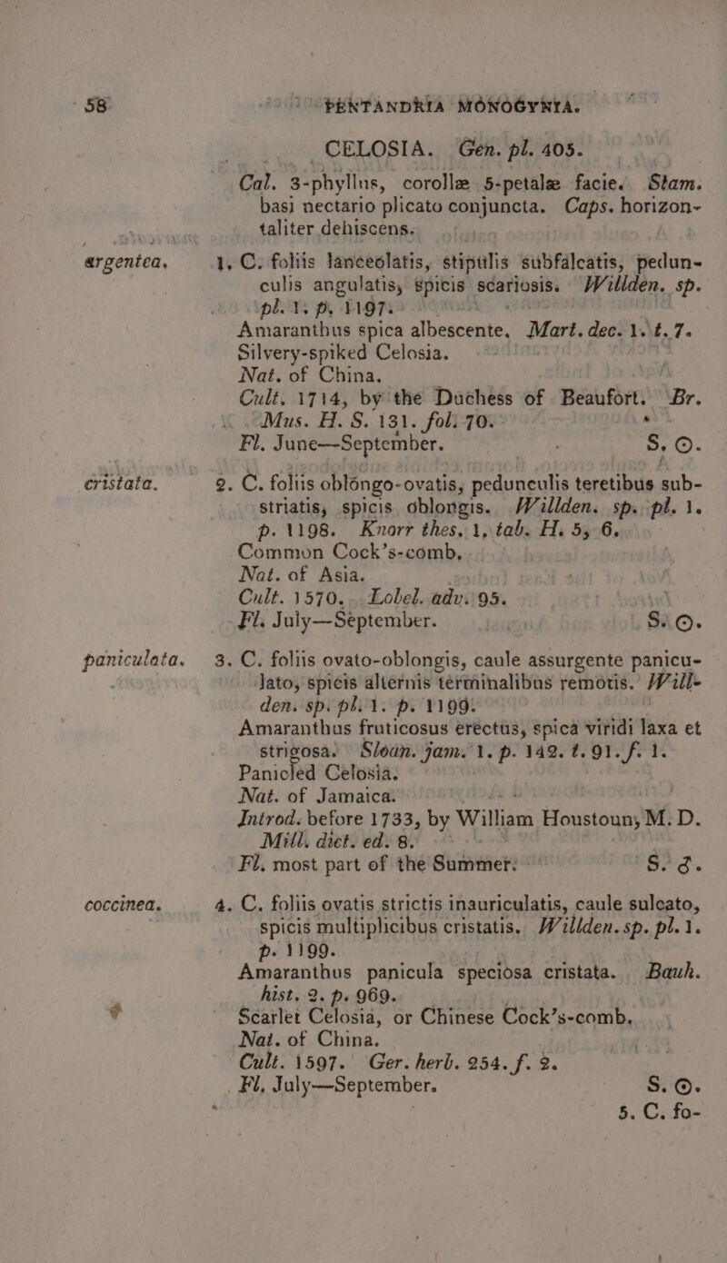 - 58: argentea, cristata. coccinea. - PENTANDRIA MONOGYRTA. ~ CELOSIA. Gen. pl. 405. Cal. 3: -phyllns, corolle 5-petale facie. Stam. bas} nectario plicato conjuncta. Caps. horizon~ taliter dehiscens. | culls ge sing aoe scariosis. Wollden. Sp ple. pe VOT. | Amaranthus spica atbegonitek, Mart. dec. 1.\t. 7. Silvery-spiked Celosia. Nat. of China. Cult. 1714, by the Duchess of Beaufort. Br. Mus. A. S. 131. fol: 70. striatis, spicis dblongis. Wéallden. sp. pl. 1. p. 1198. Knorr thes,1, tab. H. 5, 6. Common Cock’s-comb, Nat. of Asia. Cult. 1570... Lobel. adv. 95. rbot’ Fl. Juiy—September. bares S.©. Jato, spicis alternis terminalibus remotis. Vill- den. sp. phil. p. 1199. Amaranthus fruticosus erectus, spica viridi laxa et strigosa. Sloan. jam. 1. p. 142. 2.91. f. 1. Panicled Celosia. Nat. of Jamaica. Introd. before 1733, by William Houstoun, M. D. Mill. diet. ed. 8. &gt; Fi, most part of the Suitvener? mt Aba spicis multiplicibus cristatis, Waillden. sp. pl.1. 1199. AN aerabitins panicula speciosa cristata. Bauh. hist. 2. p. 969. Scarlet Celosiv: or Chinese Cock’s-comb. Nai. of China. Cult. 1597. Ger. herb. 254. f. 2.