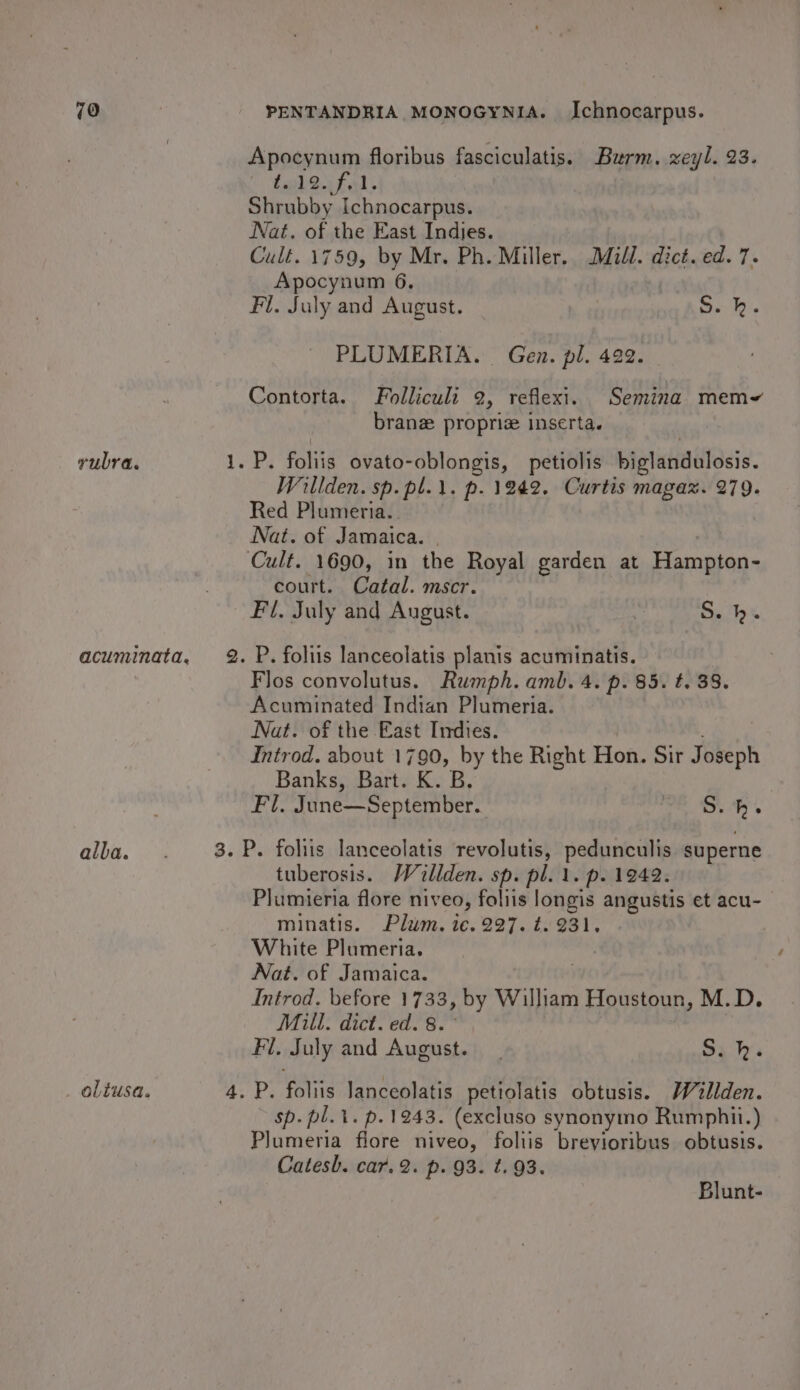 79 yubra. acuminata. alba. oliusa. PENTANDRIA MONOGYNIA. Ichnocarpus. Apocynum floribus fasciculatis. Burm. xeyl. 23. Lh Qi fal, Shrubby Ichnocarpus. Nat. of the East Indies. Cult. 1759, by Mr. Ph. Miller. Mill. dict. ed. 7. Apocynum 6. | Fi. Suly and August. AD PLUMERIA. Gen. pl. 422. Contorta. Folliculi 2, reflexi. Semina mem~ brane propriz inserta. Willden. sp. pl.\. p. 1242. Curtis magaz. 279. Red Plumeria.. Nat. of Jamaica. | Cult. 1690, in the Royal garden at Cede an court. Catal. mscr. Fl. July and August. ig S. hk. Flos convolutus. Rumph. aml. 4. p. 85. t. 38. Acuminated Indian Plumeria. Nat. of the East Indies. Introd. about 1790, by the Right Hon. Sir Wobes Banks, Bart. K. B. Fl. June—September. tine ps! he tuberosis. Wellden. sp. pl. 1. p. 12942. Plumieria flore niv e0, foliis longis angustis et acu- minatis. Plum. ie. 227. t. 231. White Plumeria. Nat. of Jamaica. Introd. before 1733, by William Houstoun, M.D. Mill. dict. ed. 8. Fl. July and August. Sa hy sp. pl.t. p.1243. (excluso synonymo Rumphii.) Plumeria flore niveo, foliis breyioribus obtusis. Catesh. car. 2. p. 93. t. 93. Blunt-