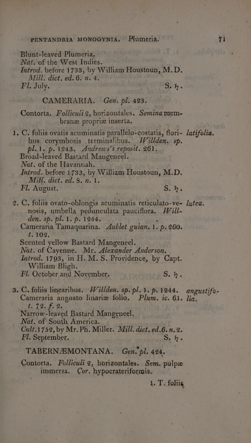 Blunt-leaved Plumeria, Nat. of the West Indies. Introd. before 1733, A William Houstoun, M.D. Mill. dict. ed. 6. n. CAMERARIA. Gen. pl. 423. Contorta. Follicuii 2, horizontales. Seminamem- brane propriz inseria. |. C. foliis ovatis acuminatis parallelo-costatis, flori- latifolia. hus. corymbosis .terminalibus. Wallden. sp. pl.l. p. 1243. Andrews’s reposit. 261. Broad-leaved Bastard Maugeneel. Nat. of the Havannah. Introd. before 1733, HY William Houstoun, M.D. Mill, dict. ed. 8. n. | Fil. August. S. h. . C, foliis ovato-oblongis acuminatis reticulato-ve- lutea. nosis, umbella pedunculata pauciflora. WWill- den. sp. pl. 1. p. 1944. Cameraria Tamaquarina. Aublet guian. ie p- 260. £.°102. Scented yellow Bastard Mangeneel. Nat. of Cayenne. Mr. Alexander Anderson. _ Introd. 1793, in H. M. S..Providence, by Capt. William Bligh. Fl. October and November. 5. h.. . C. foliis linearibus. Willden. sp. pl. ¥. p. 1244. angustifo- Cameraria angusto linarive folio. Plum, ic. 61. lia. be7 She Oe Narrow-leaved Bastard, Mangeneel. Nat. of South America. Cult.1752,by Mr. Ph. Miller. Mill. dict. ed.6.n. 2. Fl. September. S. he TABERNEMONTANA. Gen. pl. 494. Contorta. Folliculi 2, borizontales. Sem. pulpe immersa. Cor. hypocrateriformis. Wek foi,