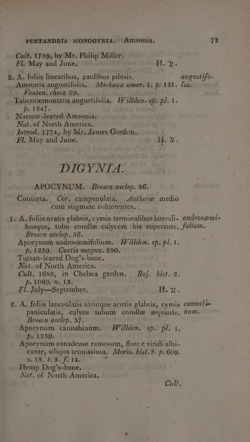 Cult. 1759, by Mr. Philip Miller. Fi, May and June. hp 9. A. foliis linearibus, caulibus pilosis. — angustifo- Amsonia-angustifolia. . Michaux amer. 1. p. 121. lia. | Venten. choix 29. ingte _Tabernemontana angustifolia. Willden. sp. pl. 1. p. 1247, - ash Narrow-leaved Amsonia. Nat. of North America. Introd. 1774, by Mr. James Gordon. | Fl, May and June. a) Yh, a DIGY NIA. APOCYNUM. | Brown asclep. 56. Contorta. Cor. campanulata. .dnihere medio cum stigmate cohzerentes. 1. A. foliis ovatis glabris, cymis terminalibus laterali- andros@mi- busque, tubo corollz calycem ‘bis superante. folium. Brown asclep. 56. Apocynum androsemifolium. Waillden. sp. pl. 1. r p. 1259. Curtis maguz. 280. Tutsan-leaved Dog’s-bane. Nat. of North America. Cult. 1688, in Chelsea garden. Raj. hist. 2. p. 1089. 2. 13. Fl, July—September. . H. zy. 2. A. foliis lanceolatis utrinque acutis glabris, cymis cannabin paniculatis, calyce tubum corolle equante, num. Brown asclep. 57. Apocynum cannabinum. Willden. sp. pl. 1. p. 1259. Anocynum canadense ramosum, flore e viridi albi- cante, siliqua tenuissiina. Moris. hist.3. p.609. Bo VS, #8. fe td. ; Hemp Dog’s-bane. lat. of North America,