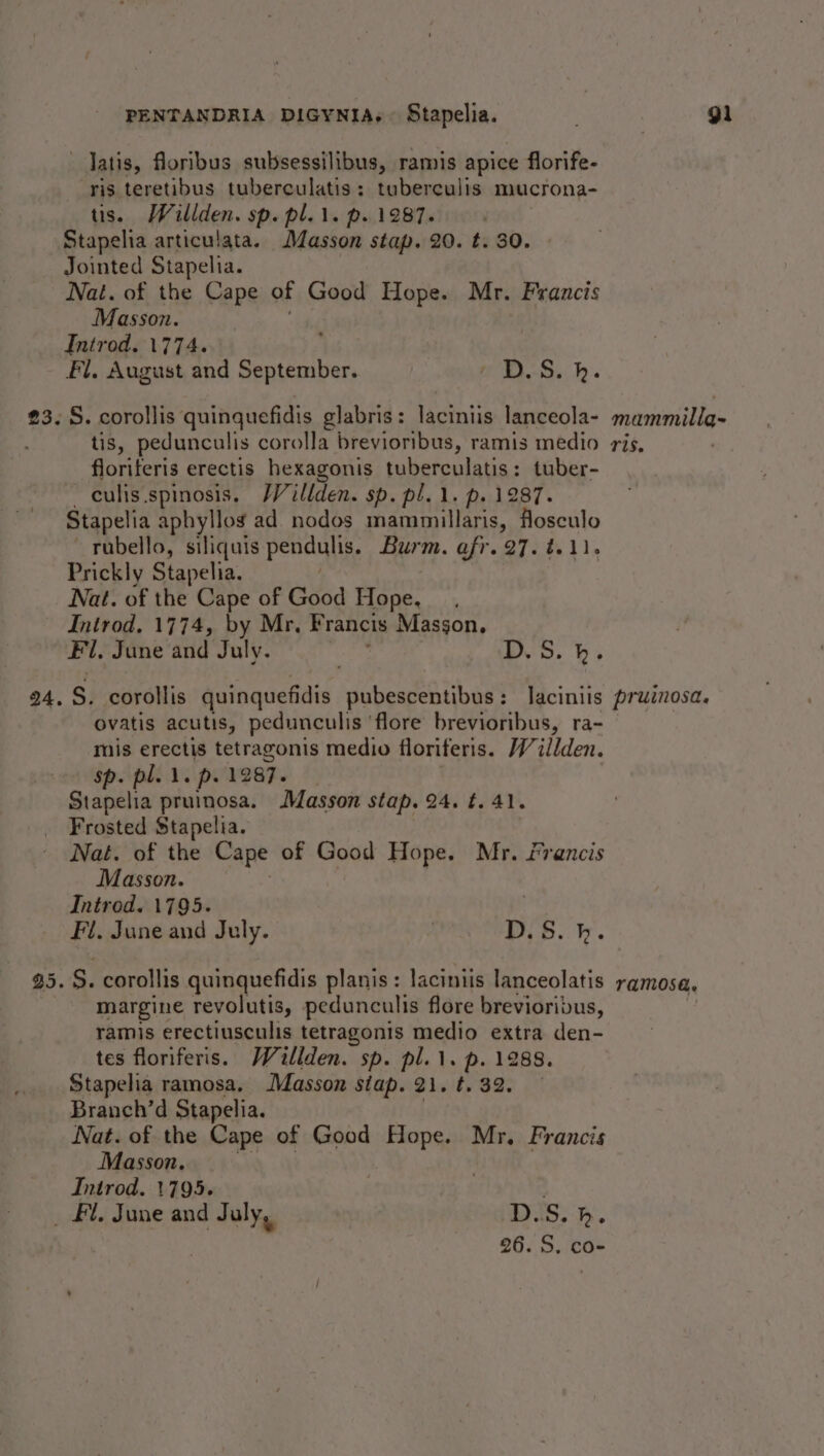 Jatis, floribus subsessilibus, ramis apice florife- ris teretibus tuberculatis: tuberculis mucrona- tis. Willden. sp. pl.1. p. 1287. Stapelia articulata. Masson stap. 20. t. 30. Jointed Stapelia. Nat. of the Cape of Good Hope. Mr. Francis Masson. Introd. 1774. Fl, August and September. sau « Wa 23. S. corollis quinquefidis glabris: laciniis lanceola- mammilla- tis, pedunculis corolla brevioribus, ramis medio ris, floriferis erectis hexagonis tuberculatis: tuber- _ culis .spinosis. Willden. Sp. pl. 1. p. 1287. Stapelia aphyllog ad. nodos mammillaris, floseulo — rubello, siliquis pendulis. Burm. afr. 27. t.11. Prickly Stapelia. Nat. of the Cape of Good Hope, Introd, 1774, by Mr. Francis Masson, Fl, June and July. D,S. b. 24, S) corollis quinquefidis abet beet lacinils pruinosa. ovatis acutis, pedunculis ‘flore brevioribus, ra- mis erectis tetragonis medio floriferis. Willden. sp. pl. 1. p. 1287. Stapelia pruinosa. Masson stap. 24. t. 41. Frosted Stapelia. Nat. of the Cape of Good Hope. Mr. francis Masson. Introd. 1795. Fl. June and July. | D5... 25. S. corollis quinquefidis planis: laciniis lanceolatis ramosa, margine revolutis, pedunculis flore brevioribus, . ramis erectiusculis tetragonis medio extra den- tes floriferis. Wéillden. sp. pl.\. p. 1288. Stapelia ramosa, Masson siap. 21.4.32, © Branch’d Stapelia. Nat. of the Cape of Good ahs Mr. Francis Masson. Introd. 1795. _ #l. June and July, ‘D.S. m.