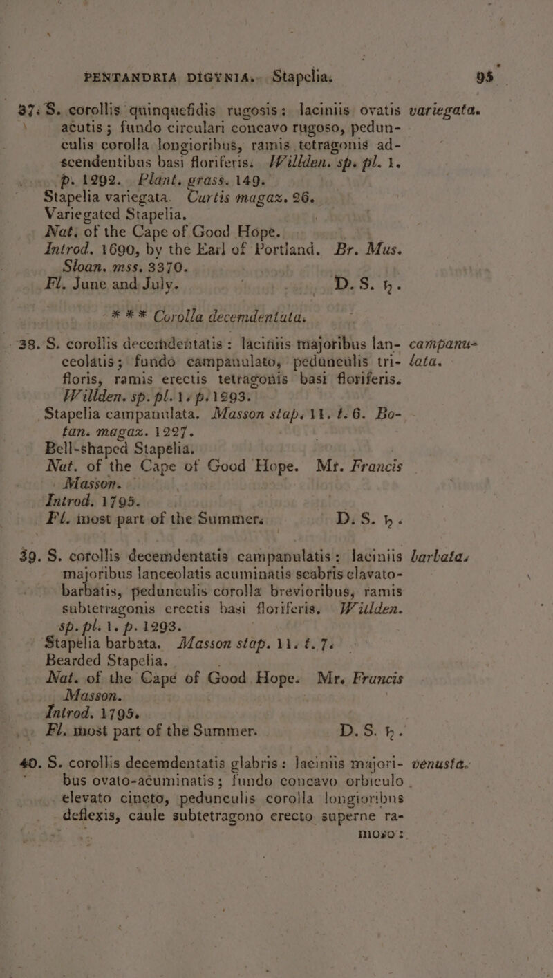 37:8. corollis quinguefidis rugosis: laciniis ovatis \ acutis ; fundo circulari concavo rugoso, pedun- culis corolla longioribus, ramis tetragonis ad- scendentibus basi floriferis: Willden. ; sp. pl. 1. p. 1292. Plant. grass. 149. Stapelia variegata. Curtis magax. 26. Variegated Stapelia. Nat; of the Cape of Good Hope. Introd. 1690, by the Earl of Portland. Br. Mus. Sloan. mss. 3370. ) Fi. June and July. Margy a : 4 -* ®* Corolla decemdentata. 38. S. corollis decerhdentatis : laciniis majoribus lan- ceolatis; fundo campanulato, pedunculis tri- floris, ramis erectis tetragonis basi floriferis. Wrillden. sp. pl.14p.1293. Stapelia campanulata. Masson stap. 11. t: 6. Bo- tan. magaz. 1297. Bell- -shaped Stapelia. Nat. of the eee of Good or Mt. Francis | Masson. — bite: 1795. | log _ Fl. mest part of the Summer. D,S. ». 39. S. corollis decemdentatis campanulatis ; laciniis majoribus lanceolatis acuminatis seabris clavato- barbatis, pedunculis corolla brevioribus, ramis subtetragonis erectis basi floriferis, WW itlden. Sp. pls i. p. 1293. Stapelia barbata. Masson stap. 11. &amp;. 76 Bearded Stapelia. Nat. of the Cape of Good Hope: Mr. Francis _ Masson. Tnirod. 1795. . Fi. most part of the Summer. D..S: %. 40. S. corollis decemdentatis glabrs. laciniis majori- variegata. campanu- lata. ba rbata é venUust a.’ elevato cineto, pedunculis corolla longioribns - deflexis, caule subtetragono erecto superne ra- M1080°3