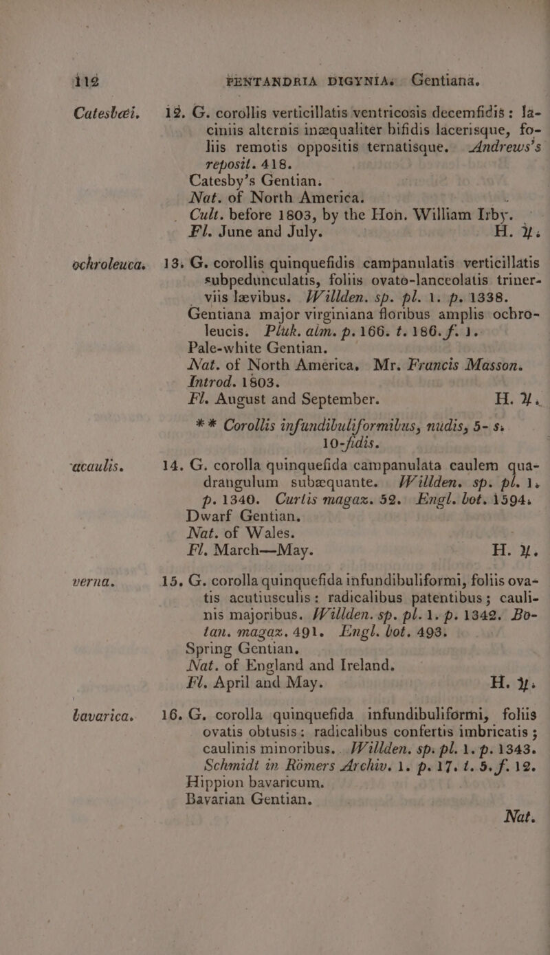 Catesbai. 19. G. corollis verticillatis ventricosis decemfidis : 1a- ciniis alternis inzequaliter bifidis lacerisque, fo- liis remotis oppositis ternatisque. Andrews’s reposit. 418. Catesby’s Gentian. Nat. of North America. i _ Cult. before 1803, by the Hon. William Irby. - | Fl. June and July. | H. y; ochroleuca, 13. G. corollis quinquefidis campanulatis verticillatis subpedunculatis, foliis ovato-lanceolatis triner- _ viis levibus. Weallden. sp. pl. 1. p. 1338. Gentiana major virginiana floribus amplis ochro- leucis. Pluk. alm. p. 166. t. 186. f. 3. Pale-white Gentian. ; Nat. of North America. Mr. Francis Masson. Introd. 1803. Fl. August and September. Hi}. ** Corollis infundibuliformibus, nidis, 5- s 10-fidis. vacaulis. 14, G, corolla quinquefida campanulata caulem qua- drangulum subzequante. Wéillden. sp. pl. 1. p. 1340. Curtis magaz. 52.\ Engl. bot. 1594. Dwarf Gentian, Nat. of Wales. Fl, March—May. H. &amp;. verna. 15. G. corolla quinquefida infundibuliformi, foliis ova- tis acutiusculis: radicalibus patentibus; cauli- nis majoribus. Waillden. sp. pl.\. p. 1342. Bo- tan. magaz. 491. Engl. bot. 493. Spring Gentian, Nat. of England and Ireland. Fl, April and May. H. ¥: Lavarica. 16. G. corolla quinquefida infundibuliformi, foliis ovatis obtusis: radicalibus confertis imbricatis ; caulinis minoribus... Willden. sp: pl. 1. p. 1343. Schmidt in Romers Archiv. 1. p. 17. t. 5. f. 12. Hippion bavaricum. Bavarian Gentian. Nat.