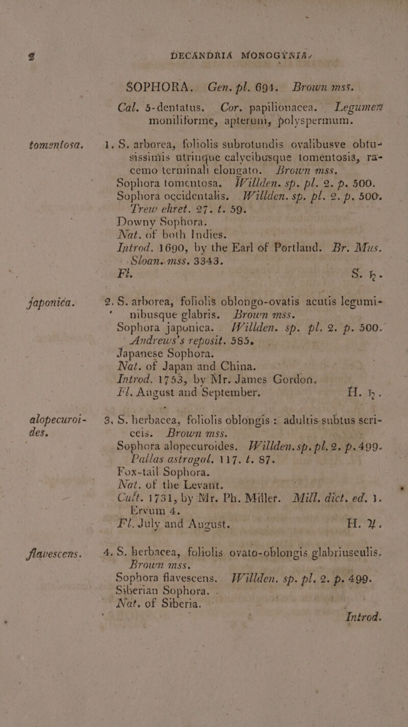 tomentosa. japonica. alopecuroi- des. fiavescens. 2, DECANDRIA MONOGYNIA- SOPHORA. Gen. pl. 694. Brown mss. Cal. 5-dentatus. Cor. papilionacea. Legumer moniliforme, apteruns, polyspermam. S. arborea, foliolis subrotundis ovalibusve obtu- sissinils utringue calycibusque tomeéntosia, ra- cemo terminali elongato. Brown mss. Sophora tomentosa. Wallden. sp. pl. 2. p. 500. Sophora occidentahs. .Wallden. sp. pl. 2. pe 500. Trew ehret. 27. t. 59. Downy Sophora. Nat. of both Indies. Introd. 1690, by the Ear] af Psrtldird: Br. Mus. Sloan. mss. 3343. . Fi, a c S. arborea, foliolis oblongo-ovatis ablitis lecumi- nibusque glabris. Brown mss. Sophora Japonica. _ Wiliden. sp. pl. 2. p. 500. Andrews’s reposit. 585. Japanese Sophora. Nat. of Japan and China. _ Introd. 1753, by Mr. James Gordon. . Fil, August and September. H. bh. S. herbacea, foliolis oblongis.: adultis subtus seri- ceis. Brown mss. Sophora alopecuroides. Willden. sp. pl 2. p. 499. Pallas astragal, 117. t. 87. Fox-tail. Sophora. Nat. of the Levant. Cult. 1731, by Mr. Ph. Miller. Mill. dict. ed. 1. Ervum 4. Fl. July and August. | HY. Brown mss. Sophora flavescens. Willden. sp. pl. 2. p. 499. Siberian Sophora. , e Nat. of Siberia.