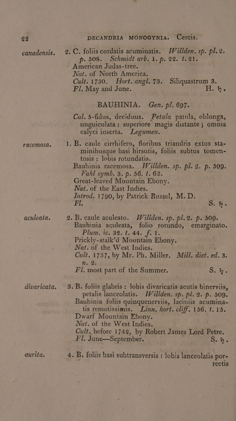 canadensis. TACEMOSAs aculeata. divaricata. aurita. DECANDRIA MONOGYNIA. Cercis. p. 508. Schmidt arb. 1. p. 22. t.21. American Judas-tree. Nat. of North America. Cult. 1730. Hort. angl. 73. Siliquastrum 3. Fil, May and June. H. h. BAUHINIA. Gen. pl. 697. Cal. 5-fidus, deciduus. Petala patna, oblonga, unguiculata: superiore magis distante ; omnia calyci inserta. Legumen. minibusque basi hirsutis, foliis subtus tomen- tosis: lobis rotundatis. Bauhinia racemosa. Wallden. sp. pl. 2. p. 509. Vahl symb. 3. p. 56. t. 62. | Great-leaved Mountain Ebony. Nat. of the East Indies. Inirod. 1790, by Patrick Russel, M.D. Fil. S. he Bauhinia aculeata, folio rotundo, emarginato. Plum. ic. 39. t..44. fi ¥. Prickly-stalk’d Mountain Ebony. Nat. of the West Indies. Cult. 1737, by Mr. Ph. Miller. Mild. dict. ed. 3. mn. 2. Fi. most part of the Summer. a ae petalis lanceolatis. Wallden. sp. pl. 2. p. 509. Bauhinia foliis quinquenerviis, laciniis acumina~ tis remotissimis. Linn. hort. cliff. 156. t. 15. Dwarf Mountain Ebony. Nat. of the West Indies. ; Cult. before 1742, by Robert James Lord Petre. Fl, June—September. j S. he rectis
