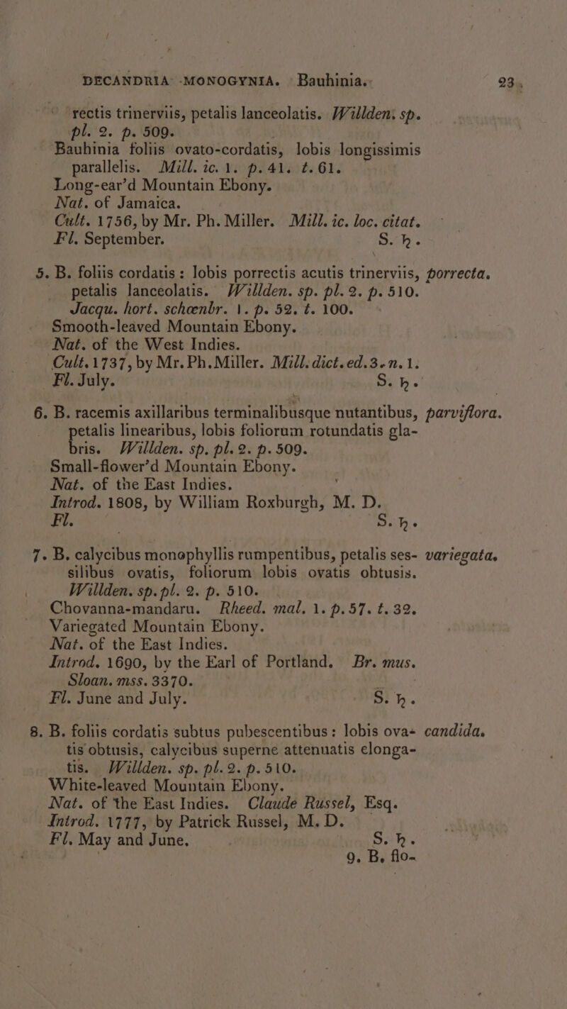 rectis trinerviis, petalis lanceolatis. Waillden: sp. pl. 2. p. 509. | Bauhinia foliis ovato-cordatis, lobis longissimis parallelis. Mill. ic.1. p.41. #.61. Long-ear’d Mountain Ebony. _ Nat. of Jamaica. Cult. 1756, by Mr. Ph. Miller. Mill. ic. loc. citat. Fl, September. Sai7y &lt; 5. B. foliis cordatis : Jobis porrectis acutis trinerviis, porrecta. _ petalis lanceolatis. Walden. sp. pl. 2. p. 510. Jacqu. hort. schoenbr. |. p. 52. t. 100. Smooth-leaved Mountain Ebony. Nat. of the West Indies. Cult.1737, by Mr. Ph. Miller. Mil. dict.ed.3-n.1. Fi. July. S.h- 6. B. racemis axillaribus terminalibusque nutantibus, parviflora. petalis linearibus, lobis folioram rotundatis gla- bris. Willden. sp, pl. 2. p. 509. Small-flower’d Mountain Ebony. Nat. of the East Indies. Introd. 1808, by William Roxburgh, M. D. aad S.he ¥ 7. B, calycibus monophyllis rampentibus, petalis ses- variegata, silibus ovatis, foliorum lobis ovatis obtusis. Willden. sp. pl. 2. p. 510. Chovanna-mandaru. Rheed. mal. 1. p.57. t. 32. Variegated Mountain Ebony. Nat. of the East Indies. Introd. 1690, by the Earl of Portland. Br. mus. Sloan. mss. 3370. . Fil. June and July. S.h. 8. B. foliis cordatis subtus pubescentibus: lobis ova+ candida. tis obtusis, calycibus superne attenuatis clonga- tis. Willden. sp. pl.2. p.510. White-leaved Mountain Ebony. Nat. of the East Indies. Claude Russel, Esq. Inirod. 1777, by Patrick Russel, M. D. Fl, May and June, S.h.