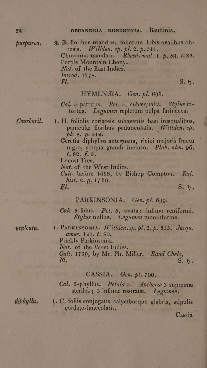 purpur ea, aculeata. diphylla. _—) — tusis. MWallden. sp. pl. 2%, p. 51). Chovanna-mandaru. Rheed. mal... p. 59. t.33. Purple Mountain Ebony, Nat. of the East Indies. Introd. 1778. Fil. Sih. HYMENZA. Gen. pl. 698. Cal. 5-partitus. Pet. 5, subzqualia. Sty/us in- tortus. Legumen repletum pulpa farinacea. paniculz floribus pedunculatis. _Willden. sp. pla. p. BYR . Ceretia dipbyllos anteguana, ricini majoris fructu nigro, siliqua grandi incluso. Pluk. alm. 96. Ee OS... 7.0 Locust Tree. Nat. of the West Indies. Cult. hefore 1688, by Bishop Compton. Raj. hist. 2. p. 17 60. : Fl, Sih. PARKINSONIA. Gen. pl. 699. Cal. 5-fidus. Pet. 5, ovata: infimo reniformi. Stylus nullus. Legumen moniliforme. amer. 121. f. 80. Prickly Parkinsonia. Nat. of the West Indies. Cult. 1739, by Mr. Ph. Miller. Rand Chels, Fl, ruts CASSIA. Gen. pl. 700. Cal. 5-phyllus. Petala 5. Anthere 3 supreme steriles ; 3 infime rostrate. Legumen. cordato-lanceolatis. j Cassia