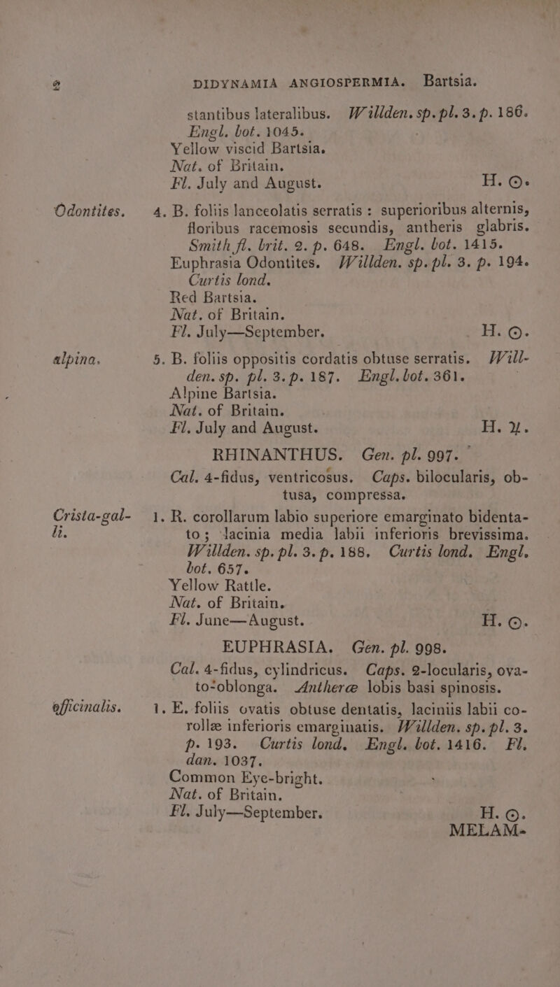 Odontites. alpina. Crista-gal- di. officinalis. nS eal ee) DIDYNAMIA ANGIOSPERMIA. Bartsia. stantibus lateralibus. Willden. sp. pl. 3.p. 186. Engl. bot. 1045. Yellow viscid Bartsia. Nat. of Britain. Fl. July and August. H. ©: floribus racemosis secundis, antheris glabris. Smith fi. brit. 2. p. 648. Engl. bot. 1415. Euphrasia Odontites. Waillden. sp. pl. 3. p. 194+ Curtis lond. Red Bartsia. Nat. of Britain. Fl. July—September. H. ©. den. sp. pl. 3.p.187. Engl. bot. 361. Alpine Bartsia. Wat. of Britain. Fl, July and August. H. i. RHINANTHUS. Gen. pl. 997. : € : e Cal. 4-fidus, ventricosus. Caps. bilocularis, ob- © tusa, compressa. to; ‘lacinia media labii inferioris brevissima. Willden. sp. pl. 3.p. 188, Curtis lond. Engl. bot, 657. Yellow Rattle. Nat. of Britain. Fl, Juane— August. H.©. EUPHRASIA. Gen. pl. 998. Cal. 4-fidus, cylindricus. Caps. 2-locularis, oya- to-oblonga. -Anthere lobis basi spinosis. rojle inferioris emarginatis. Wéillden. sp. pl. 3. p- 193. Curtis lond, Engl. bot. 1416. Fi. dan. 1037. Common Eye-bright. Nat. of Britain. Fl, July—September. H. ©. MELAM-