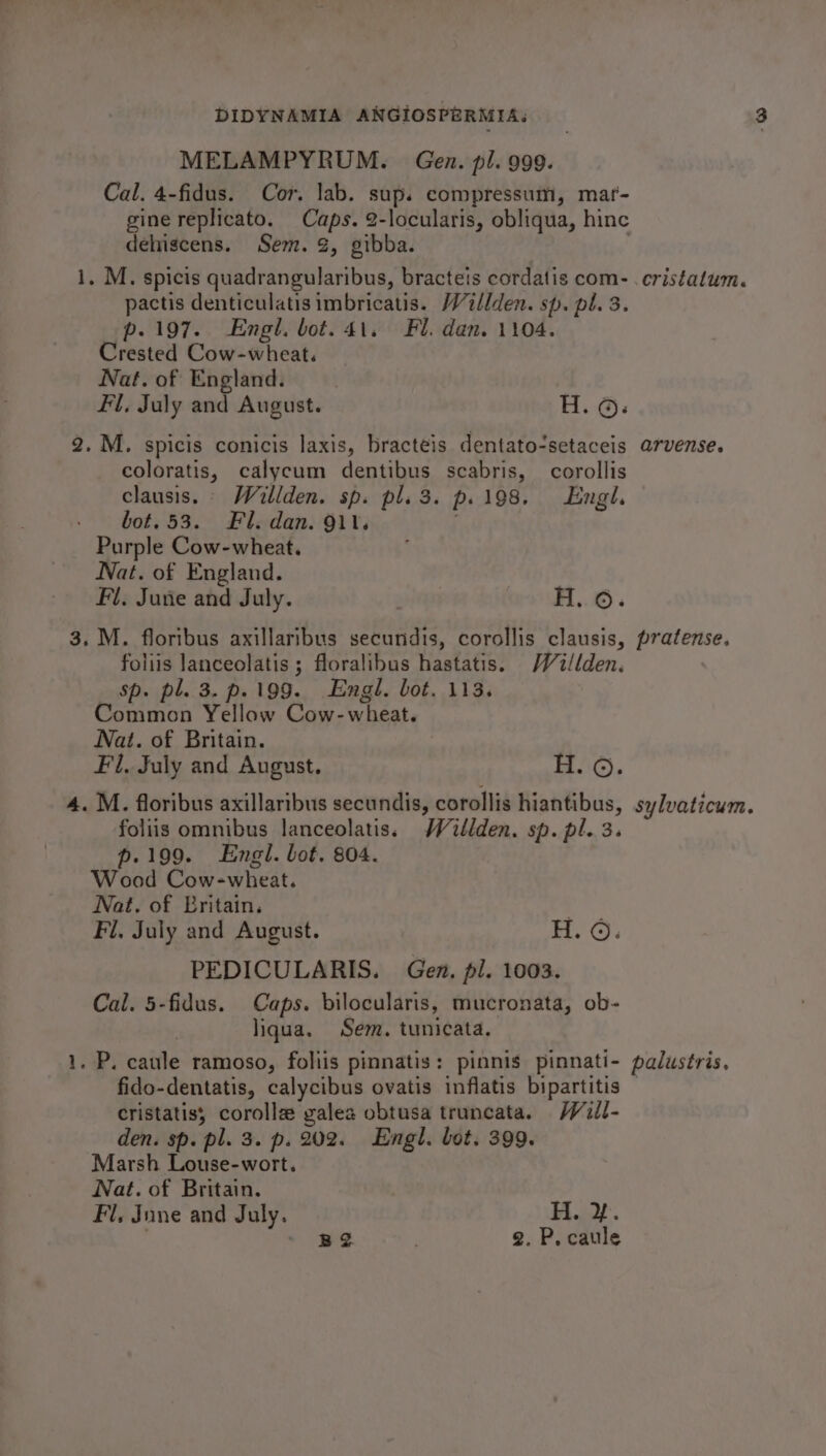 to DIDYNAMIA ANGIOSPERMIA: MELAMPYRUM. Gen. pl. 999. Cal. 4-fidus. Cor. lab. sup. compressum, mar- gine replicato. Caps. 2-locularis, obliqua, hinc dehiscens. Sem. @, gibba. pactis denticulatisimbricatis. Willden. sp. pl. 3. p. 197. Engl. bot. 41. Fl. dan. 1104. Crested Cow-wheat. Nat. of England. Fl, July and August. H. 6: coloratis, calycum dentibus scabris, corollis clausis. Willden. sp. pl. 3. p.198. Engl. bot. 53. Fl. dan. 911. : ~_ Nat. of England. Fl. June and July. | H. ©. foliis lanceolatis ; floralibus hastatis. Wallden. sp. pl. 3. p.199. Engl. bot. 113. Common Yellaw Cow- wheat. Nat. of Britain. Fl. July and August. H. ©. M. floribus axillaribus secundis, corollis hiantibus, sylvaticum. foliis omnibus lanceolatis. Walden. sp. pl. 3. p.199. Engl. bot. 804. Wood Cow-wheat. Nat. of Britain. | Fi, July and August. H. ©. PEDICULARIS. Gen. pl. 1003. Cal. 5-fidus. Caps. bilocularis, mucronata, ob- liqua. Sem. tunicata. fido-dentatis, calycibus ovatis inflatis bipartitis — cristatis, corolle galea obtusa truncata. Wil- den. sp. pl. 3. p. 202. Engl. bet. 399. Marsh Louse-wort. Nat. of Britain. Fil, June and July. Hud. - Be . 2. P. caule