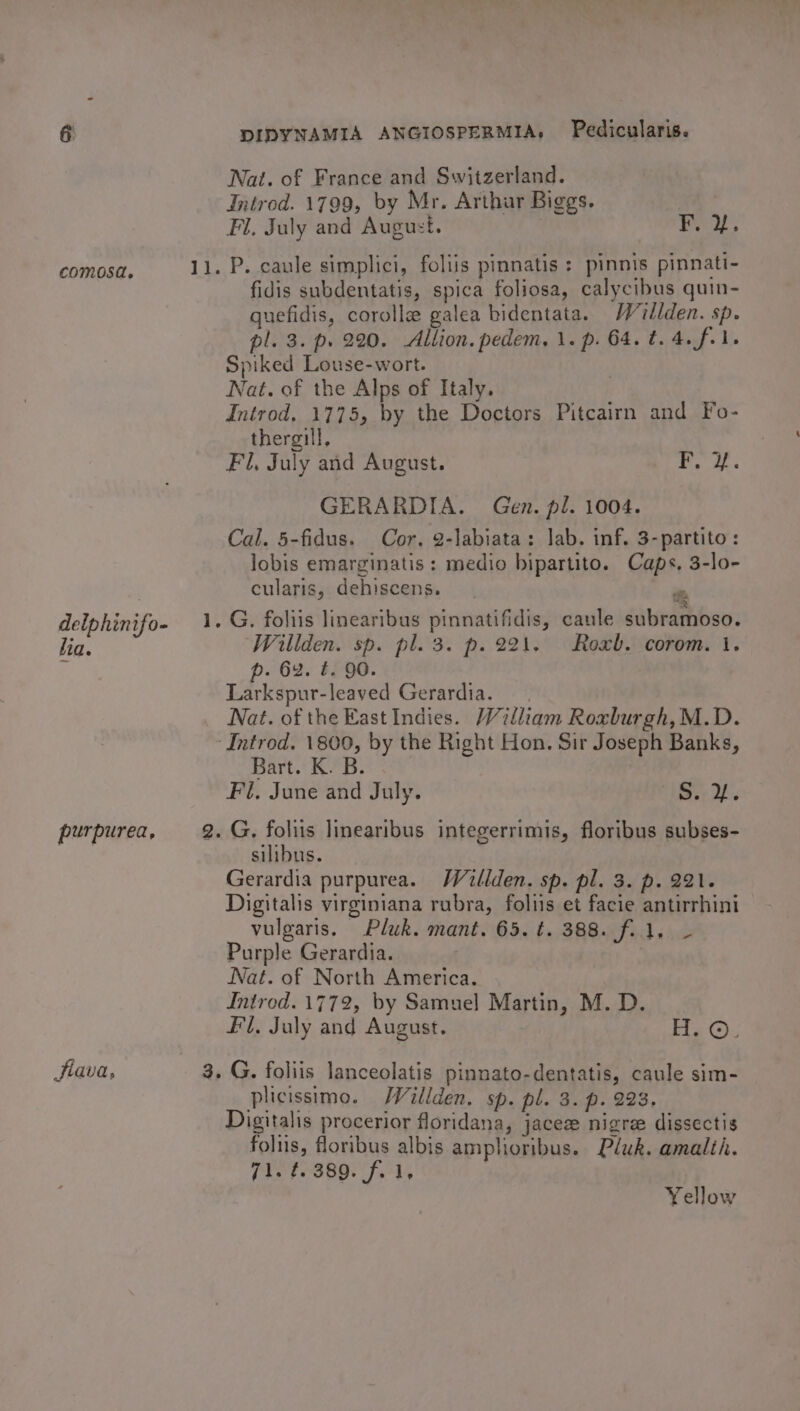 cOMOSa. delphinifo- hia. purpurea, Slava, ] jt DIDYNAMIA ANGIOSPERMIA, Pedicularis. Nat. of France and Switzerland. Introd. 1799, by Mr. Arthar Biggs. | Fi, July and August. Wea, fidis subdentatis, spica foliosa, calycibus quin- quefidis, corolle galea bidentata. Wollden. sp. pl. 3. p. 220. Allion. pedem, 1. p. 64. t. 4. f.1. Spiked Louse-wort. Nat. of the Alps of Italy. Introd, 1775, by the Doctors Pitcairn and Fo- thergill, Fl, July and August. rs o. GERARDIA. Gen. pl. 1004. Cal. 5-fidus. Cor. 2-labiata: Jab. inf. 3-partito: lobis emarginatis : medio bipartito. Caps, 3-lo- cularis, dehiscens.  Willden. sp. pl. 3. p. 221. Roxb. corom. 1. p. 642. #, 90. Larkspur-leaved Gerardia. Nat. of the East Indies. Villiam Roxburgh,M.D. Bart. K. B. Fi, June and July. A ae silibus. Gerardia purpurea. Walden. sp. pl. 3. p. 221. Digitalis virginiana rubra, foliis et facie antirrhini vulgaris, Pluk. mant. 65. t. 388. fil, — Purple Gerardia. Nat. of North America. Introd. 1772, by Samuel Martin, M. D. Fl, July and August. H. ©. plicissimo. Wéillden. sp. pl. 3. p. 223. Digitalis procerior floridana, jacee nigra dissectis foliis, floribus albis amplioribus. Pluk. amalth. 71. F380. f.4, Yellow