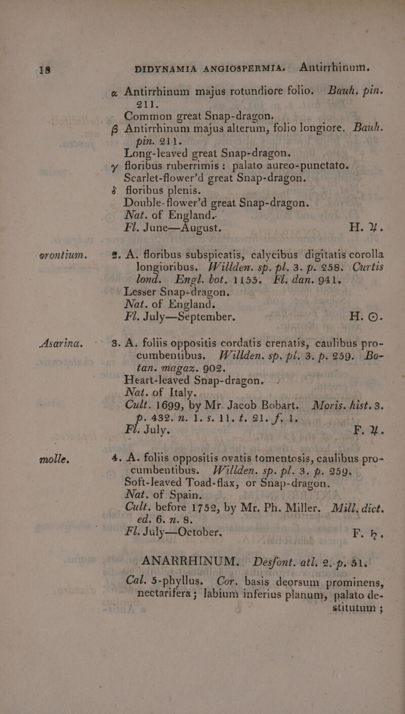 erontium. Asarina. molle. ae DIDYNAMIA ANGIOSPERMIA. Antirrhinum. Antirrhinam majus rotundiore folio. Bauh. pin. eit, Common great Snap-dragon. pin. 211. Long-leaved great Snap-dragon. D) Scarlet-flower’d great Snap-dragon. floribus plenis. Double-flower’d great Snap-dragon. Nat. of England.. Fl, June—August. H. Y. A. floribus subspicatis, calycibus digitatis corolla longioribus. /WVillden. sp. pl. 3. p. 258. Curtis lond. Engl. bot. 1155. Fl. dan. 941. Lesser Snap-dragon. Nat. of England. Fl. July—September. H. ©. A. foliis oppositis cordatis crenatis, caulibus pro- cumbentibus. Wallden. sp. pl. 3. p. 259. Bo- tan. magaz. 902. Heart-leaved Snap-dragon. Nat. of Italy. Cult. 1699, by Mr. Jacob Bobart. Moris. hist. 3. Pe AB2S NOT OS. V1. £. Bln f ads Fi. July. 8 ee? A. foliis oppositis ovatis tomentosis, caulibus pro- cumbentibus. Willden. sp. pl. 3. p. 259. Soft-leaved Toad-flax, or Snap-dragon. Nat. of Spain. Cult. before 1752, by Mr. Ph. Miller. Mill. dict. ed. 6. n. 8. Fl. July—October. Py, , ANARRHINUM. | Desfont. atl. 2.-p, 51. Cal. 5-phyllus. Cor. basis deorsum prominens, nectarifera ; labium inferius planum, palato de- ' gtitutum ;