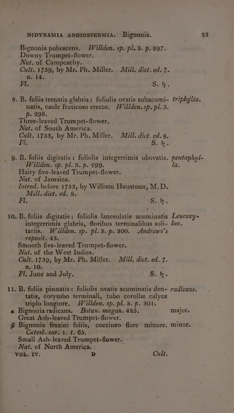 Bignonia pubescens. Wallden. sp. pl. 3. p. 297. Downy Trumpet-flower. Nat. of Campeachy. Cult. 1759, by Mr. Ph. Miller. A@ill. dict. ed. 7. m. 14. fs Ape | S.h. 8. B. foliis ternatis glabris: foliolis ovatis subacumi- ¢riphylia. natis, caule fraticoso erecto. Waillden. sp. pl. 3. p- 298. Three-leaved Trumpet-flower. Nat. of South America. Cult. 1733, by Mr. Ph. Miller. Mill. dict. ed. g. Fl, ao. hb. _ g. B. foliis digitatis: foliolis integerrimis obovatis. pentaphyl- Willden. sp. pl. 3. p. 299. la. 3 Hairy five-leaved Trumpet-flower. Nat. of Jamaica. | Introd. before 1733, by William Houstoun, M.D. Mill. dict. ed. 8. Fi. S. hk. 10. B. foliis digitatis: foliolis lanceolatis acuminatis Leucorys integerrimis glabris, floribus terminalibus soli- loz. tariis. Weillden. sp. pl. 3. p. 300. Andrews’s reposit. 43. Smooth five-leaved Trumpet-flower. Nat. of the West Indies. Cult.1759, by Mr. Ph. Miller. Mull. dict. ed. 7. O n. 10. Fl, Juné and July. S2\h. 11. B. foliis pinnatis: foliolis ovatis acuminatis den- radicans. ~tatis, corymbo terminali, tubo corollz calyce triplo longiore. Wéillden. sp. pl. 3. p. 301. « Bignoniaradicans, Botan. magaz. 485. major. Great Ash-leaved Trumpet- flower. B Bignonia fraxini foliis, coccineo flore minore. minor. Catesb. car. . t. 65. Small Ash-leaved Trumpet-flower. Nat. of North America.