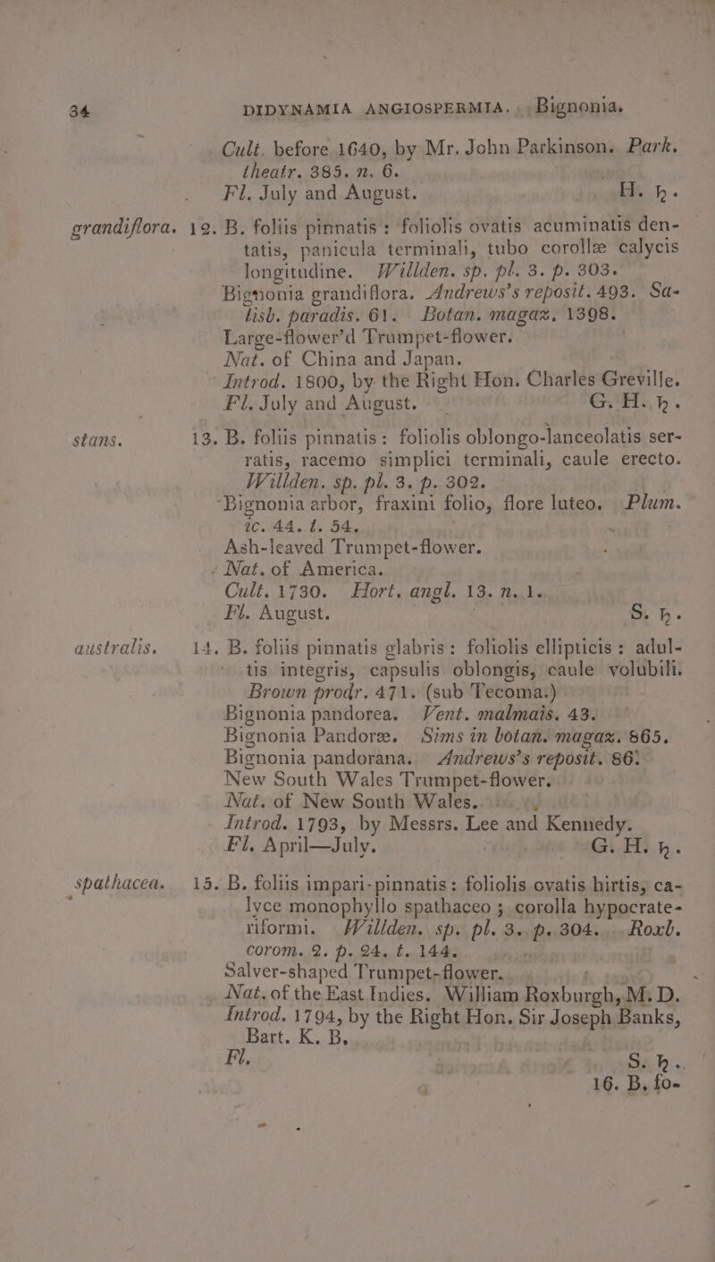 Cult. before 1640, by Mr. John Parkinson. Park. theatr. 385. n. 6. Fl, July and August. deus} - grandiflora. 12. B. foliis pinnatis : foliolis ovatis acuminatis den- tatis, panicula terminali, tubo corollz calycis longitudine. Wilden. sp. pl. 3. p. 303. Bignonia grandiflora. Andrews’s reposit.493. Sa- lish. paradis. 61. Botan. magax, 1398. Large-flower’d Trumpet-flower. Nat. of China and Japan. Introd. 1800, by the Right Hon. Charles Greville. Fil. July and August. _ G. H.h. stans. 13. B. foliis pinnatis: foliolis oblongo-lanceolatis ser- ratis, racemo simplici terminali, caule erecto. Willden. sp. pl. 3. p. 302. . “Bignonia arbor, fraxini folio, flore luteo. Plum. ic. 44.4. 54. ~ Ash-leaved Trumpet-flower. - Nat. of America. : Cult. 1730. Hort. angl. 13. n.1. Fi, August. | australis. 4. B. foliis pinnatis glabris: foliolis ellipticis : adul- tis integris, capsulis oblongis, caule volubili. Brown prodr. 471. (sub Tecoma.) Bignonia pandorea. Vent. malmais. 43. Bignonia Pandore. Sims in botan. magaz. 865. Bignonia pandorana. &lt;Andrews’s reposit. 86: New South Wales Trumpet-flower. Nat. of New South Wales... Introd. 1793, by Messrs. Lee and Kennedy. Fl, April—July. G.H.p. S. h- spathacea. 15. B. foliis impari-pinnatis: foliolis ovatis hirtis, ca- ‘ lyce monophyllo spathaceo ; corolla hypocrate- riformi. Wallden. sp. pl. 3. p.304...Roxb. corom. 2. p. 24. t. 144, rid | . Salver-shaped Trumpet-flower. 08 Nat. of the East Indies. William Roxburgh, M. D. {ntrod. 1794, by the Right Hon. Sir Joseph Banks, Bart. K. B, Fi. - | : Sah... | 16. B, fo-