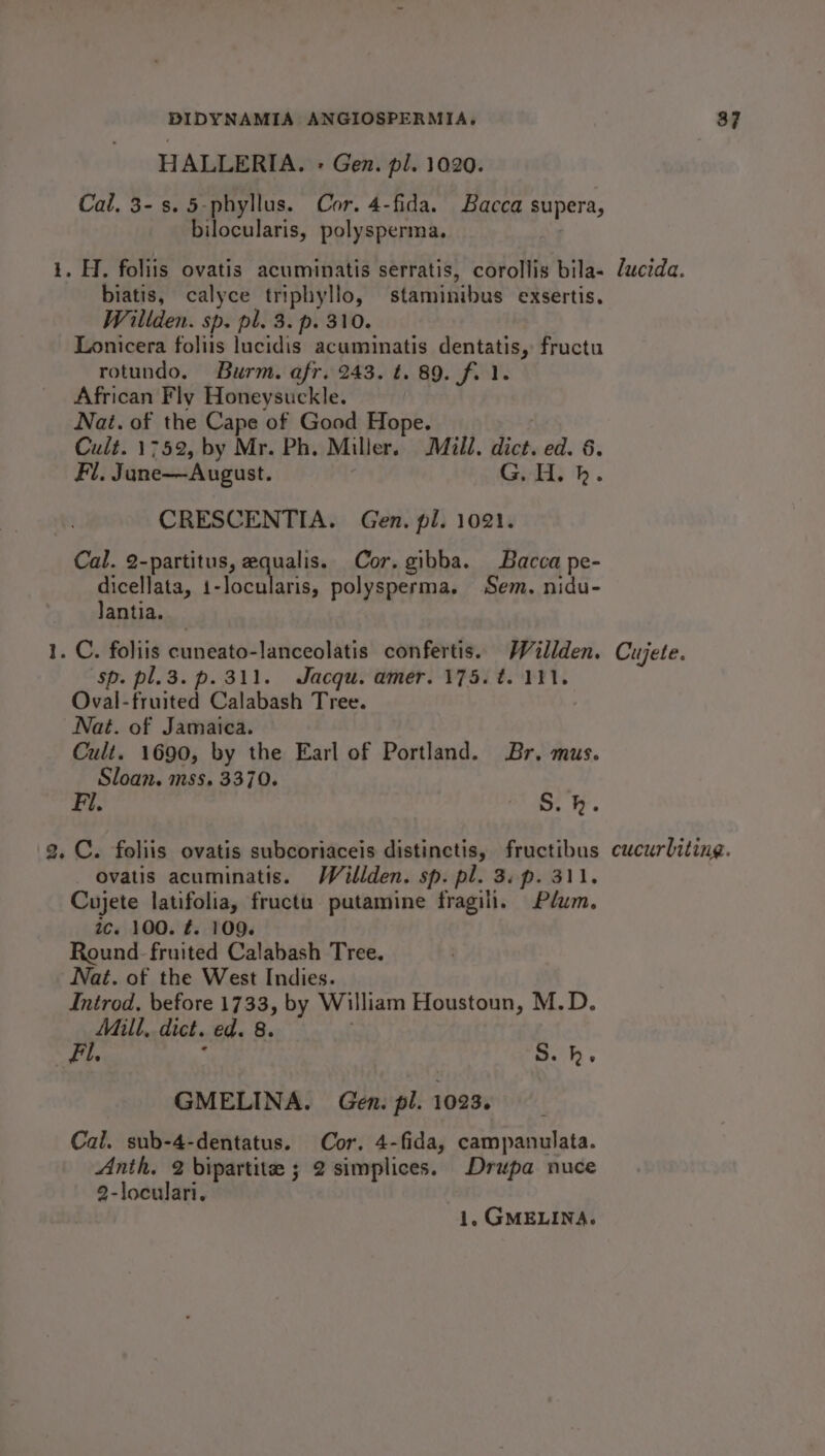 HALLERIA. : Gen. pl. 1020. Cal. 3- s.5-phyllus. Cor. 4-fida. Bacca supera, bilocularis, polysperma. | 1. H. foliis ovatis acuminatis serratis, corollis bila- biatis, calyce triphyllo, staminibus exsertis. Willden. sp. pl. 3. p. 310. Lonicera foliis lucidis acuminatis dentatis, fructu rotundo. Burm. afr. 243. t. 89. f. 1. African Fly Honeysuckle. Nat. of the Cape of Good Hope. Cult. 1752, by Mr. Ph. Miller. Mill. dict. ed. 6. Fil. June—August. Gils h. CRESCENTIA. Gen. pl. 1021. Cal. 2-partitus, equalis. Cor. gibba. Bacca pe- dicellata, 1-locularis, polysperma. Sem. nidu- Jantia. 1. C. foliis cuneato-lanceolatis confertis. Willden. sp. pl.3. p.311. Jacqu. amer. 175. t. 111. Oval-fruited Calabash Tree. Nat. of Jamaica. Cult. 1690, by the Earl of Portland. Br. mus. Sloan. mss. 3370. Fi. ms 2. C. foliis ovatis subcoriaceis distinctis, fructibus ovatis acuminatis. Wéillden. sp. pl. 3. p. 311. Cujete latifolia, fructu putamine fragili. Plum. ic. 100. ¢. 109. Round. fruited Calabash Tree. Nat. of the West Indies. Introd. before 1733, by William Houstoun, M.D. Mill, dict. ed. 8. fil. : S.h. GMELINA. Gen. pl. 1023. Cal. sub-4-dentatus. Cor. 4-fida, campanulata. Anth. 2 bipartite ; 2 simplices. Drupa nuce 2-loculari. 1. GMELINA. lucida. Cujete. cucurbiting.