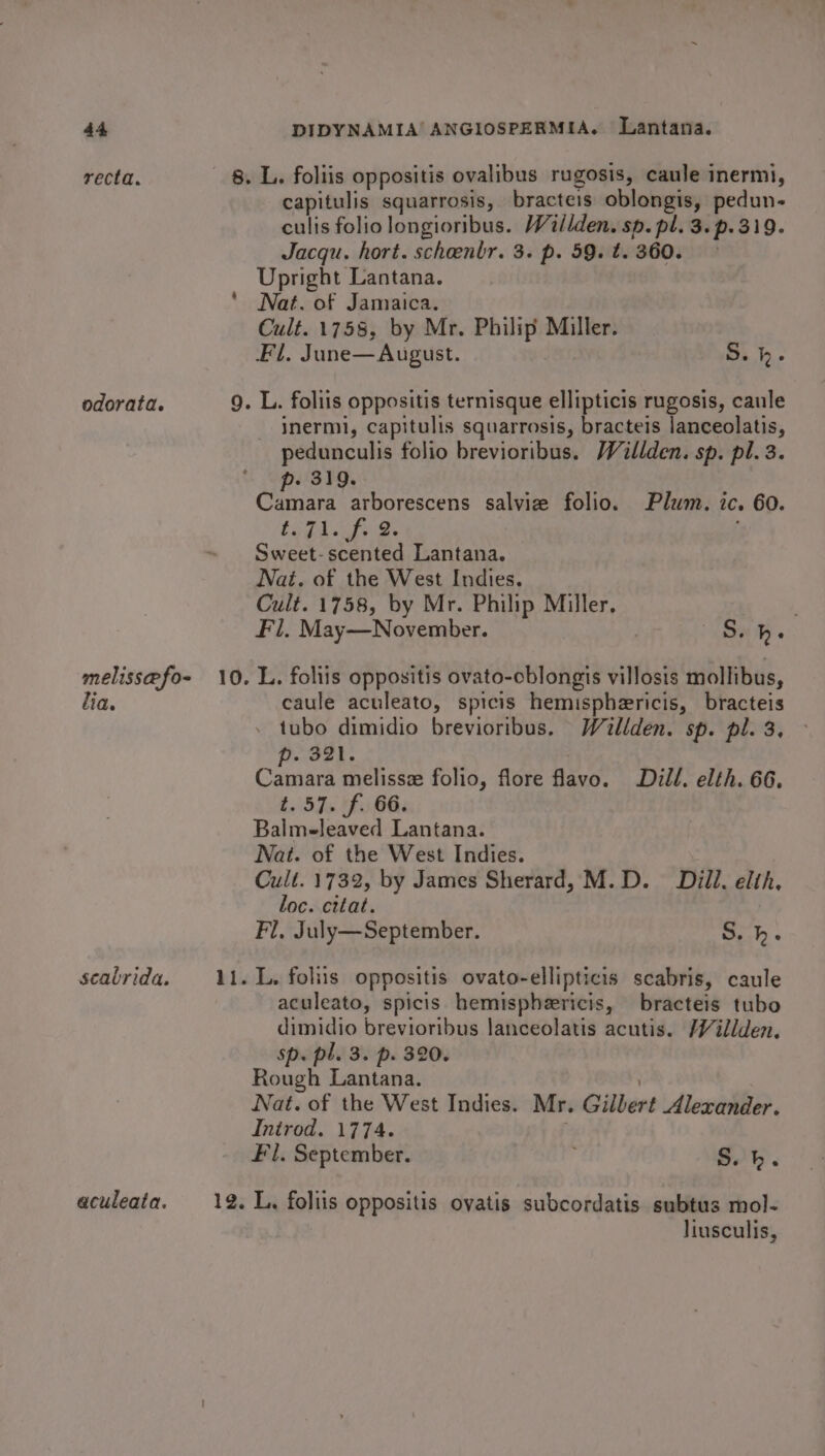 recta. 8. L. foliis oppositis ovalibus rugosis, caule inermi, capitulis squarrosis, bracteis oblongis, pedun- culis folio longioribus. Willden, sp. pl. 3. p.319. Jacqu. hort. scheenbr. 3. p. 59. t. 360. Upright Lantana. Nat. of Jamaica. Cult. 1758, by Mr. Philip Miller. Fl, June—August. S.h. odorata. 9. L. foliis oppositis ternisque ellipticis rugosis, caule - Inermi, capitulis squarrosis, bracteis lanceolatis, pedunculis folio brevioribus. Willden. sp. pl. 3. ‘ - 319. rae arborescens salviz folio. Plum. ic. 60. Pee Ge ee Sweet- scented Lantana. Nai. of the West Indies. Cult. 1758, by Mr. Philip Miller, Fl, May—November. | Suit. melisse@fo- 10. L. foliis oppositis ovato-cblongis villosis mollibus, lia. caule aculeato, spicis hemisphericis, bracteis . tubo dimidio brevioribus. Wéillden. sp. pl. 3, p. 321. Camara melissz folio, flore favo. Dill. elth. 66. t. 57. f. 66. Balmeleaved Lantana. Nat. of the West Indies. Cult. 1732, by James Sherard, M.D. Dill. elth, loc. cttat. Fl, July—September. S. h. . L. foliis oppositis ovato-ellipticis scabris, caule aculeato, spicis hemispheericis, bracteis tubo dimidio brevioribus lanceolatis acutis. Wéllden. sp. pl. 3. p. 320. Rough Lantana. ) Nat. of the West Indies. Mr. Gillert Alexander. Introd. 1774. Fl. September. S.h. — seabrida. 1 aculeata. 12. L. foliis oppositis ovatis subcordatis subtus mol- liusculis,