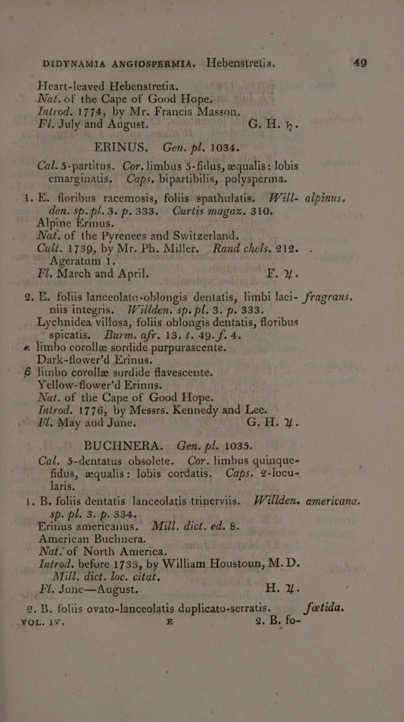 Heart-leaved Hebenstretia. Nat. of the Cape of Good Hope. Introd. 1774, by Mr. Francis Masson. Fil, July and August. G. H. bh. ERINUS. Gen. pl. 1034. Cal. 5-partitus. Cor. limbus 5-fidus, zequalis: lobis emarginatis. Caps. bipartibilis, polysperma. 1..E. floribus racemosis, foliis spathulatis. W2ll- alpinus. den. sp. pl. 3. p.333. Curtis magaz. 310. Alpine Erinus. Nat. of the Pyrenees and Switzerland. Cult. 1739, by Mr. Ph, Miller. Rand chels, 212. Ageratum 1. | Fl. March and April. Ke yf. 2. E. foliis lanceolate-oblongis dentatis, limbi laci- fragrans. nus integris. Woillden. sp. pl. 3. p. 333. Lychnidea villosa, foliis oblongis dentatis, floribus spicatis. Burm. afr. 13. ¢. 49. f. 4. # limbo corollz sordide purpurascente. Dark-flower’d Erinus. 6 limbo corolle surdide flavescente. Yellow-flower’d Erinns. Nat. of the Cape of Good Hope. Introd. 1776, by Messrs. Kennedy and Lee. Fl, May and June. G. H. &amp;. BUCHNERA. Gen. pl. 1035. Cal, 5-dentatus obsolete. Cor. limbus quinque- fidus, zqualis: lobis cordatis. Caps. 2-locu- laris. . B. foliis dentatis lanceolatis trinerviis. JVillden. americana. sp. pl. 3. p. 334. Erinus americanus. Mill. dict. ed. 8. American Buchnera. Nat. of North America. Introd. before 1733, by William Houstoun, M. D. Mill, dict. loc. citat, Fl, June— August. i ee 2. B. foliis ovato-lanceolatis duplicato-serratis. feetida. VOL. BV. E , 2. B. fo- _—