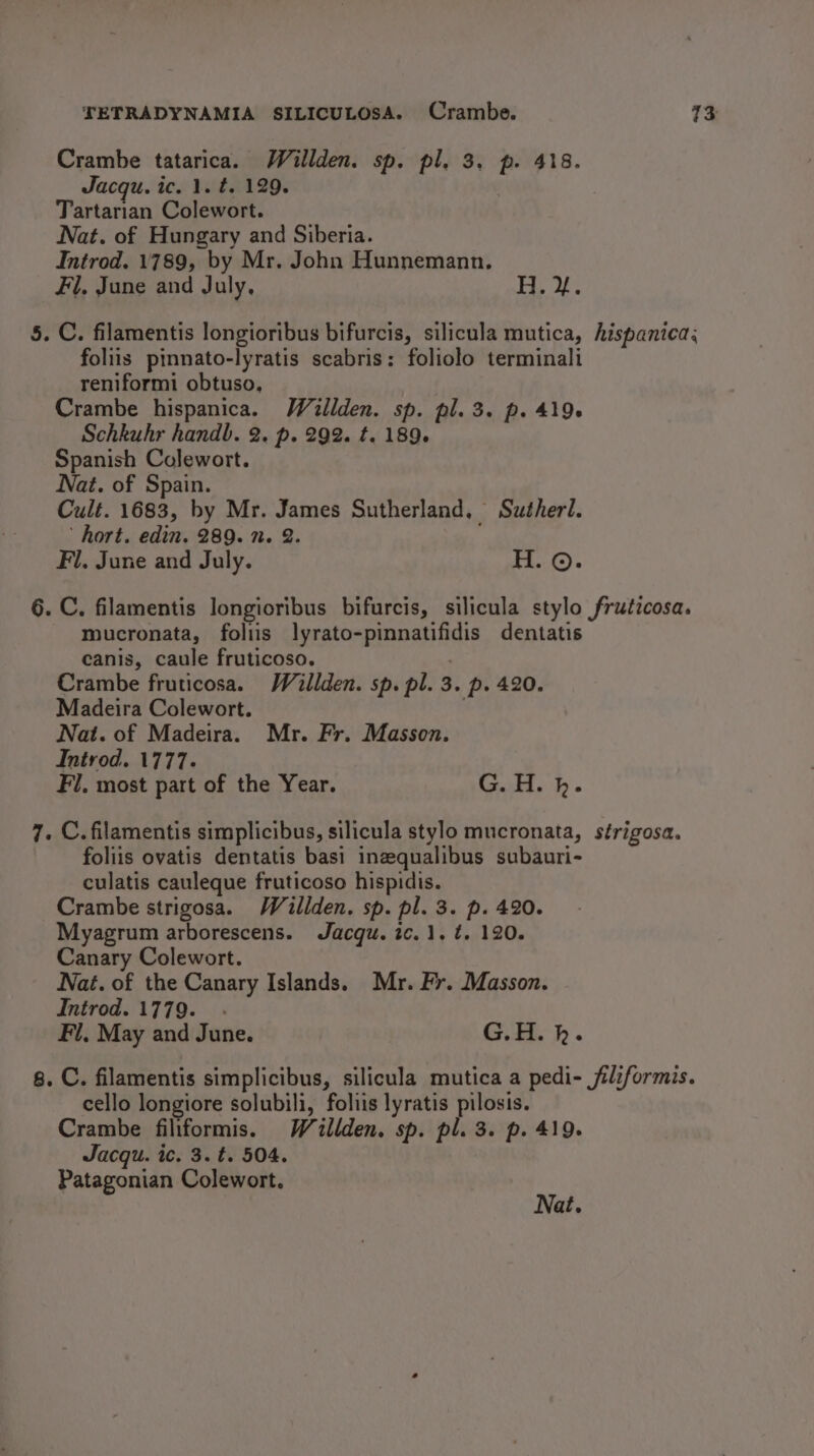 Crambe tatarica. Willden. sp. pl. 3. p. 418. Jacqu. ic. 1. t. 129. Tartarian Colewort. Nat. of Hungary and Siberia. Introd. 1789, by Mr. John Hunnemann. Fl, June and July, 1 Oe ae is) . C. filamentis longioribus bifurcis, silicula mutica, hispanica; foliis pinnato-lyratis scabris: foliolo terminali reniformi obtuso, Crambe hispanica. Weallden. sp. pl. 3. p. 419. Schkuhr handb. 2. p. 292. t. 189. Spanish Colewort. Nat. of Spain. Cult. 1683, by Mr. James Sutherland, Suwtherl. hort. edin. 289. n. 2. . Fl, June and July. H. ©. 6. C. filamentis longioribus bifurcis, silicula stylo fruticosa. mucronata, foliis lyrato-pinnatifidis dentatis canis, caule fruticoso. . Crambe fruticosa. Wallden. sp. pl. 3. p. 420. Madeira Colewort. | Nat. of Madeira. Mr. Fr. Masson. Introd. 1777. Fl, most part of the Year. Le: 00 7. C.filamentis simplicibus, silicula stylo mucronata, sérigosa. foliis ovatis dentatis basi inzequalibus subauri- culatis cauleque fruticoso hispidis. Crambe strigosa. Waitilden. sp. pl. 3. p. 420. Myagrum arborescens. Jacqu. ic. 1, ¢. 120. Canary Colewort. Nat. of the Canary Islands. Mr. Fr. Masson. Introd. 1779. . Fl. May and June. G.H. hk. 8. C. filamentis simplicibus, silicula mutica a pedi- filiformis. cello longiore solubili, foliis lyratis pilosis. Crambe filiformis. Woillden. sp. pl. 3. p. 419. Jacqu. ic. 3. t. 504. Patagonian Colewort. Nat.