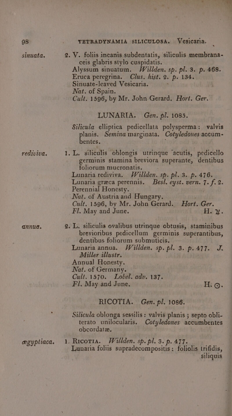 sinuata. rediviva. annua. egyptiaca. TETRADYNAMIA SILIGCULOSA. Vesicaria. b=d ceis glabris stylo cuspidatis. Alyssum sinuatum. Wallden. sp. pl. 3. p. 468. Eruca peregrina. Clus. hist. 2. p. 134. Sinuate-leaved Vesicaria. Nat. of Spain. Cult. 1596, by Mr. John Gerard. Hort. Ger. LUNARIA. Gen. pl. 1085. Silicula elliptica pedicellata polysperma: valvis planis. Semina marginata. Cotyledones accum- bentes. germinis stamina breviora superante, dentibus foliorum mucronatis. 3 Lunaria rediviva. Walden. sp. pl. 3. p. 476. Lunaria greca perennis. Besl. eyst. vern. 7. f. 2. Perennial Honesty. Nat. of Austria and Hungary. ’ Cult. 1596, by Mr. John Gerard. Hort. Ger. brevioribus pedicellum germinis superantibus, dentibus foliorum submuticis. Lunaria annua. Willden. sp. pl. 3. p. 477. J. Miller illustr. | Annual Honesty. Nat. of Germany. Cult. 1570. Lobel. adv. 137. Fl. May and June. H. ©. RICOTIA. Gen. pl. 1086. Silicula oblonga sessilis : valvis planis ; septo obli- terato unilocularis. Cotyledones accumbentes obcordate. Lunaria foliis supradecompositis ; foliolis trifidis, siliquis