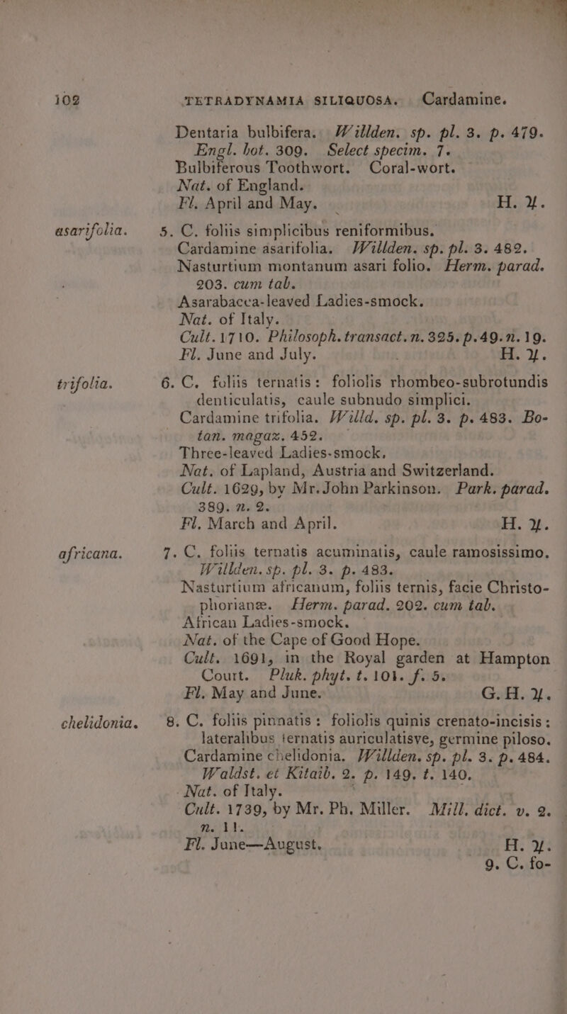 asarifolia. trifolia. africana. chelidonia. Dentaria bulbifera.. Willden. sp. pl. 3. p. 479. Engl. hot. 309. Select specim. 7. Bulbiferous Toothwort. Coral-wort. Nat. of England. Fl, April and May. H. %. Cardamine asarifolia. Wilden. sp. pl. 3. 482. Nasturtium montanum asari folio. Herm. parad. 203. cum tab. Asarabacca-leaved Ladies-smock. Nat. of Italy. 7 Cult.1710. Philosoph. transact. n. 325. p.49.n. 19. Fl. June and July. H. Y. denticulatis, caule subnudo simplici. 126) tan. magaz%, 452. Three-leaved Ladies-smock, Nat. of Lapland, Austria and Switzerland. Cult. 1629, by Mr.John Parkinson. Park. parad. 389. 7. 2. Fl, March and April. He. %. Willden. sp. pl. 3. p. 483. Nasturtium africanum, foliis ternis, facie Christo- phoriane. Herm. parad. 202. cum tab. African Ladies-smock., Nat. of the Cape of Good Hope. Cult. 1691, in the Royal garden at Hampton Court. Pluk. phyt. t.101. f. 5. Fl, May and June. G.H. %. lateralibus ternatis auriculatisve, germine piloso. Cardamine chelidonia. /Villden. sp. pl. 3. p. 484. Waldst. et Kitatb. 2. p. 149, ¢. 140. Cult. 1739, by Mr. Ph, Miller. Mill, dict. v. 2. 1) oe ie a Fl. June—August. tae eas De 9. C. fo-