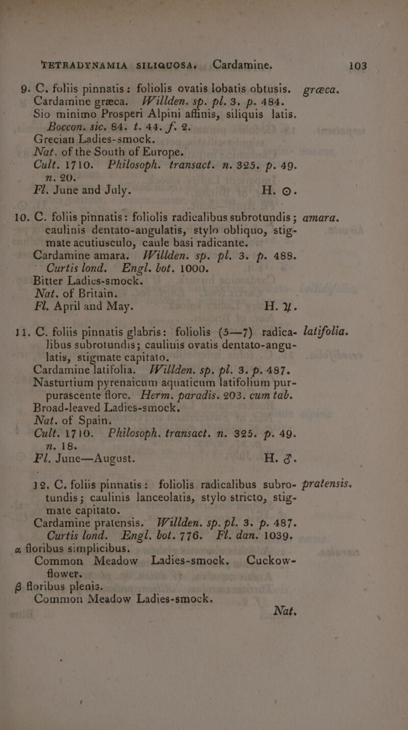 9. C. foliis pinnatis: foliolis ovatis lobatis obtusis. gr@ca. Cardamine greca. Waillden. sp. pl. 3. p. 484. Sio minimo Prosperi Alpini affinis, siliquis latis. Boccon. sic. 84. t. 44. f. 2. Grecian Ladies-smock. Nat. of the South of Europe. ) Cult. 1710. Philosoph. transact. n. 325. p. 49. 2. 20. : Fl, June and July. H. ©. 10. C. foliis pinnatis: foliolis radicalibus subrotundis ; amara. caulinis dentato-angulatis, stylo obliquo, stig- mate acutiusculo, caule basi radicante. Cardamine amara. Willden. sp. pl. 3. pr. 488. Curtis lond. Engl. bot. 1000. Bitter Ladies-smock. : Nat. of Britain. Fl. April and May. H. }. J 7) . C. foliis pinnatis glabris: foliolis (5—7) radica- /atzfolia. libus subrotundis; caulinis ovatis dentato-angu- latis, stigmate capitato. Cardamine latifolia. Willden. sp. pl. 3. p. 487. Nasturtium pyrenaicum aquaticum latifolium pur- purascente flore. Herm. paradis. 203. cum tab. Broad-leaved Ladies-smock. Nat. of Spain. Cult. 1710. Philosoph. transact. n. 325. p. 49. nm. 18. Fil, June—August. H. 3. 12. C, foliis pinnatis: foliolis radicalibus subro- pratensis. tundis; caulinis lanceolatis, stylo stricto, stig- mate capitato. Cardamine pratensis. Waillden. sp. pl. 3. p. 487. Curtis lond. Engl. bot. 776. Fil. dan. 1039. a floribus simplicibus. | Common Meadow Ladies-smock. Cuckow- flower. | @ floribus plenis. Common Meadow Ladies-smock, Nat.