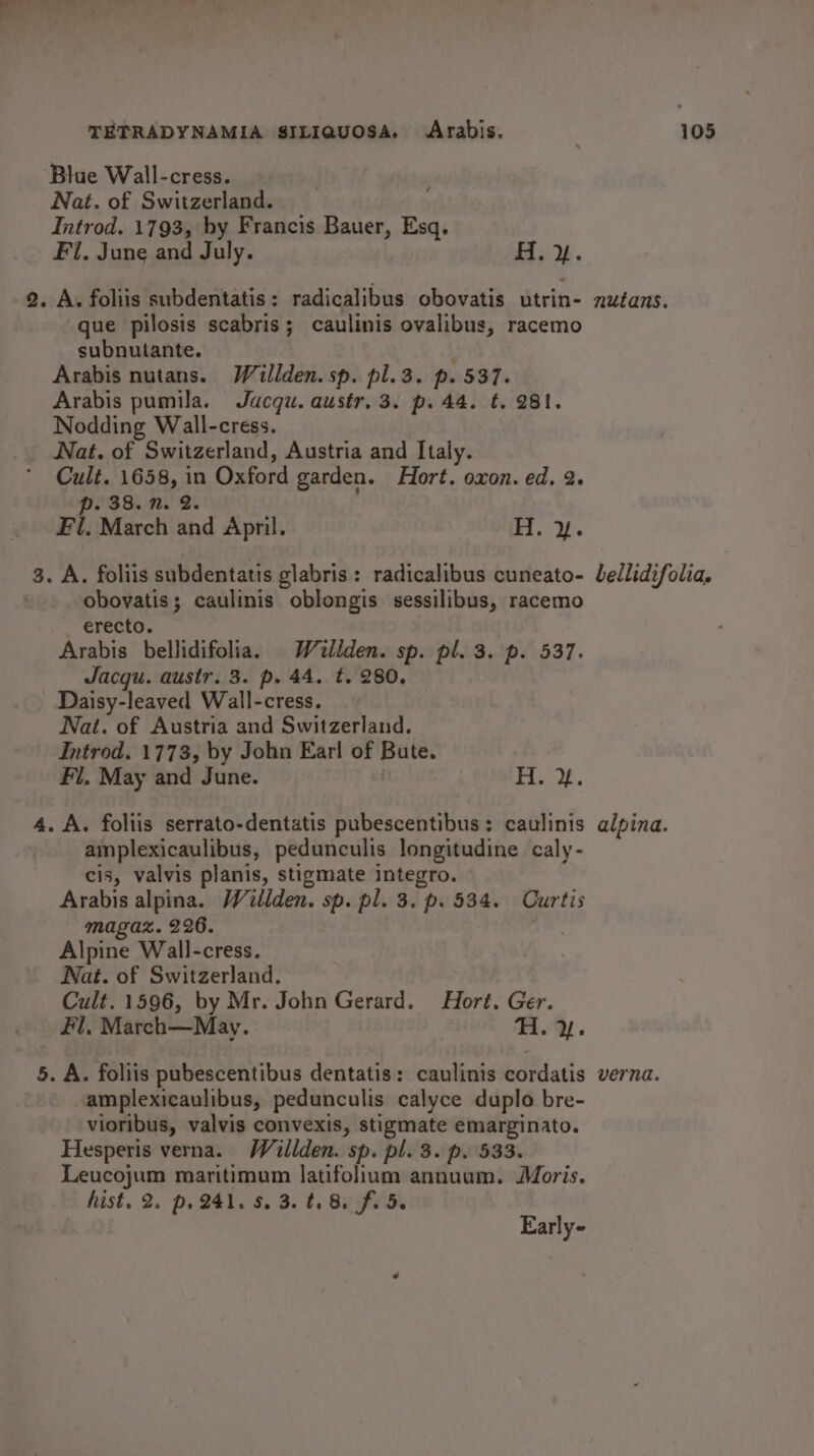 Blue Wall-cress. Nat. of Switzerland. Introd. 1793, by Francis Bauer, Esq. Fi. June and July. H.Yy. 2. A. foliis subdentatis: radicalibus obovatis utrin- nutans. que pilosis scabris; caulinis ovalibus, racemo subnutante. Arabis nutans. Waiilden.sp. pl.3. p. 537. Arabis pumila. Juacqu. austr. 3. p. 44. t. 281. Nodding Wall-cress. Nat. of Switzerland, Austria and Italy. Cult. 1658, in Oxford garden. Hort. oxon. ed, 2. p. 38. n. 2. Fl. March and April. i's ap ae 3. A. foliis subdentatis glabris : radicalibus cuneato- Lellidifolia. obovatis; caulinis oblongis sessilibus, racemo eS erect. Arabis bellidifolia. Willden. sp. pl. 3. p. 537. Jacgu. austr. 3. p. 44. t. 280. Daisy-leaved Wall-cress. Nat. of Austria and Switzerland. Introd. 1773, by John Earl of Bute. Fl. May and June. 5 ae 4. A. foliis serrato-dentatis pubescentibus: caulinis alpina. amplexicaulibus, pedunculis longitudine caly- cis, valvis planis, stigmate integro. Arabis alpina. Wilden. sp. pl. 3. p. 534. Curtis magaz. 226. : Alpine Wall-cress. Nat. of Switzerland. Cult. 1596, by Mr. John Gerard. Hort. Ger. Fl, March—May. H. 2. 5. A. foliis pubescentibus dentatis: caulinis cordatis verna. amplexicaulibus, pedunculis calyce duplo bre- vioribus, valvis convexis, stigmate emarginato. Hesperis verna. Willden. sp. pl. 3. p. 533. Leucojum maritimum latifolium annuam. Moris. hist. 2. p, 241. $s. 3. t, 825. Early-