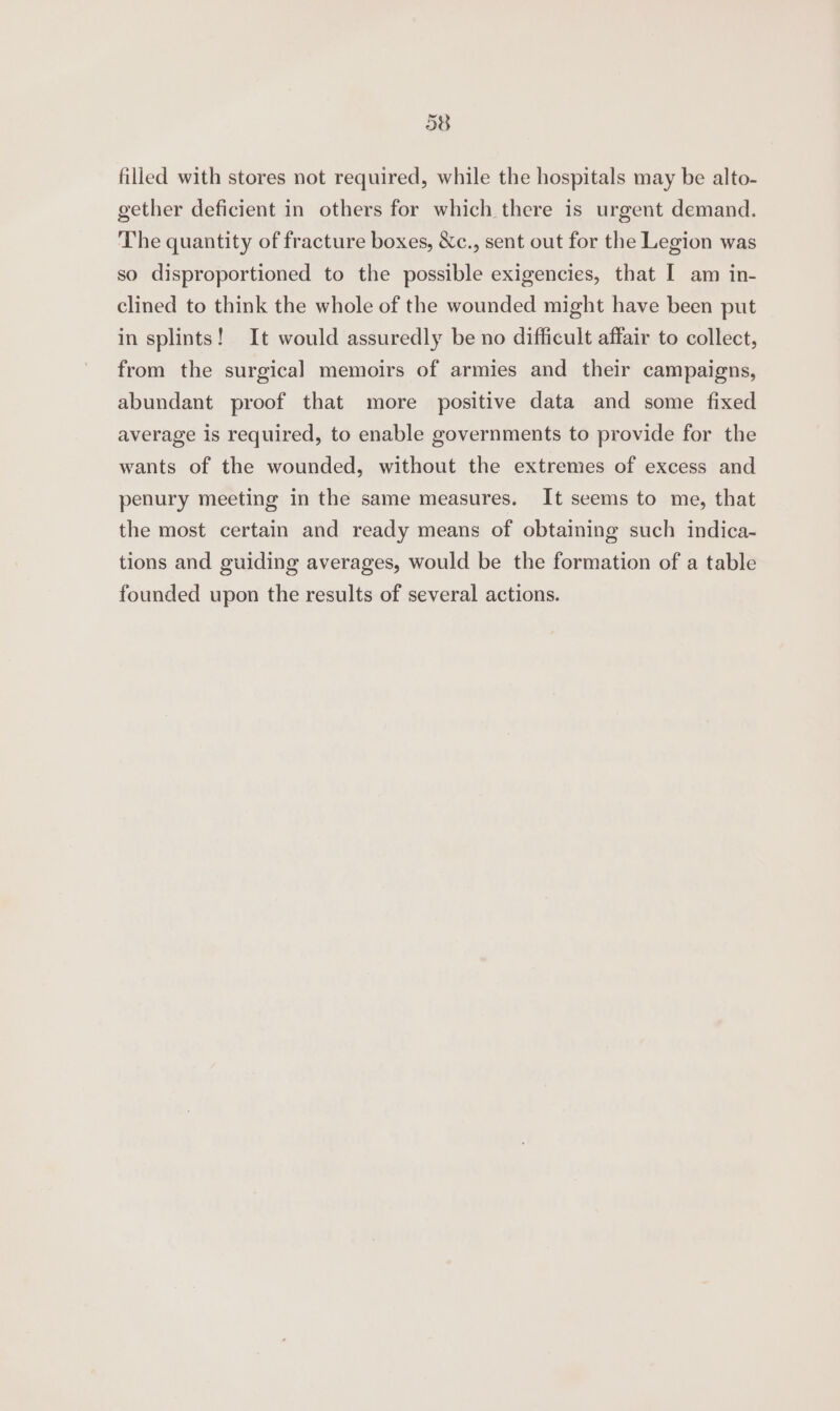 filled with stores not required, while the hospitals may be alto- gether deficient in others for which there is urgent demand. The quantity of fracture boxes, &amp;c., sent out for the Legion was so disproportioned to the possible exigencies, that I am in- clined to think the whole of the wounded might have been put in splints! It would assuredly be no difficult affair to collect, from the surgical memoirs of armies and their campaigns, abundant proof that more positive data and some fixed average is required, to enable governments to provide for the wants of the wounded, without the extremes of excess and penury meeting in the same measures. It seems to me, that the most certain and ready means of obtaining such indica- tions and guiding averages, would be the formation of a table founded upon the results of several actions.