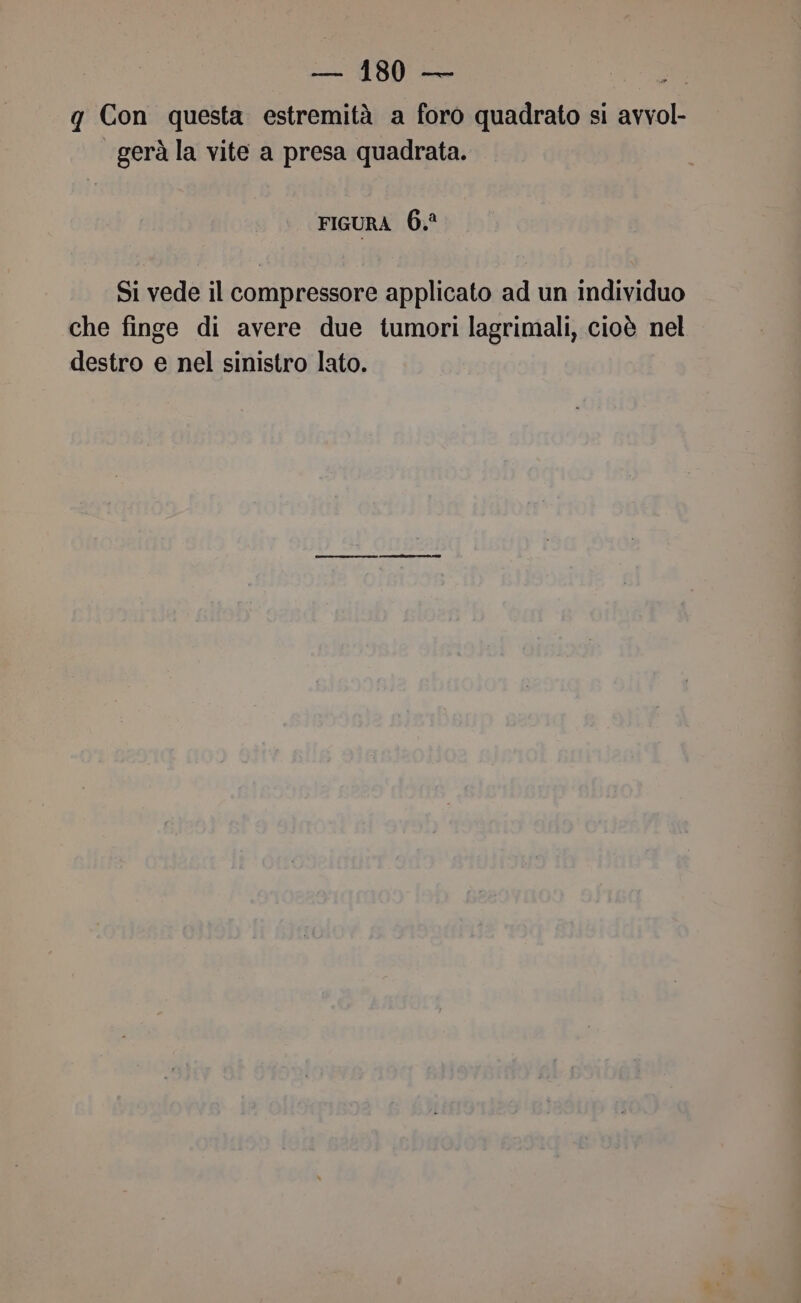 q Con questa estremità a foro quadrato si avvol- gerà la vite a presa quadrata. FIGURA 6. Si vede il compressore applicato ad un individuo che finge di avere due tumori lagrimali, cioè nel destro e nel sinistro lato.