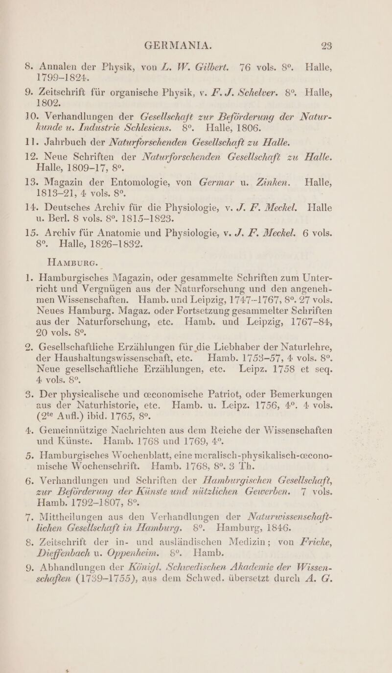 8. Annalen der Physik, von 1. W. Gilbert. 76 vols. 8°. Halle, 1799-1824. 9. Zeitschrift fiir organische Physik, v. F. J. Schelver. 8°. Halle, 1802. 10. Verhandlungen der Gesellschaft zur Beforderung der Natur- hunde u. Industrie Schlesiens. 8°. Halle, 1806. 11. Jahrbuch der Naturforschenden Gesellschaft zu Halle. 12. Neue Schriften der Naturforschenden Gesellschaft zu Halle. Halle, 1809-17, 8°. 13. Magazin der Entomologie, von Germar u.. Zinken. Halle, 1813-21, 4 vols. 8°. 14. Deutsches Archiv fiir die Physiologie, v. J. &amp;. Meckel. Halle u. Berl. 8 vols. 8°. 1815-1823. 15. Archiv fir Anatomie und Physiologie, v. J. &amp;. Meckel. 6 vols. 8°. Halle, 1826-1832. HAMBURG. 1. Hamburgisches Magazin, oder gesammelte Schriften zum Unter- richt und Vergnugen aus der Naturforschung und den angeneh- men Wissenschaften. Hamb. und Leipzig, 1’747--1'767, 8°. 27 vols. Neues Hamburg. Magaz. oder Fortsetzung gesammelter Schriften aus der Naturforschung, ete. Hamb. und Leipzig, 1767-84, 20 vols. 8°. . Gesellschaftliche Erzahlungen fur die Liebhaber der Naturlehre, der Haushaltungswissenschaft, ete. Hamb. 1753-57, 4 vols. 8°. Neue gesellischaftliche Erzahlungen, etc. Leipz. 1758 et seq. 4 vols. 8°. 3. Der physicalische und ceconomische Patriot, oder Bemerkungen aus der Naturhistorie, etc. Hamb. u. Leipz. 1756, 4°. 4 vols. (2% Awit ibid: 1765; 8°. 4. Gemeinnutzige Nachrichten aus dem Reiche der Wissenschaften und Kunste. Hamb. 1768 und 1769, 4°. 5. Hamburgisches Wochenblatt, eine meralisch-physikalisch-cecono- mische Wochensechrift. Hamb. 1768, 8°. 3 Th. 6. Verhandlungen und Schriften der Hamburgischen Gesellschaft, zur Beforderung der Kiinste und niitzlichen Gewerben. 7 vols. Hamb. 1792-1807, 8°. 7. Mittheilungen aus den Verhandlungen der Naturwissensehaft- lichen Gesellschaft in Hamburg. 8°. Hamburg, 1846. 8. Zeitschrift der in- und auslandischen Medizin; von Fricke, Dieffenbach u. Oppenheim. 8°. Hamb. 9. Abhandlungen der Konigl. Schwedischen Akademie der Wissen- schaften (1739-1755), aus dem Schwed. iibersetzt durch A. G. to