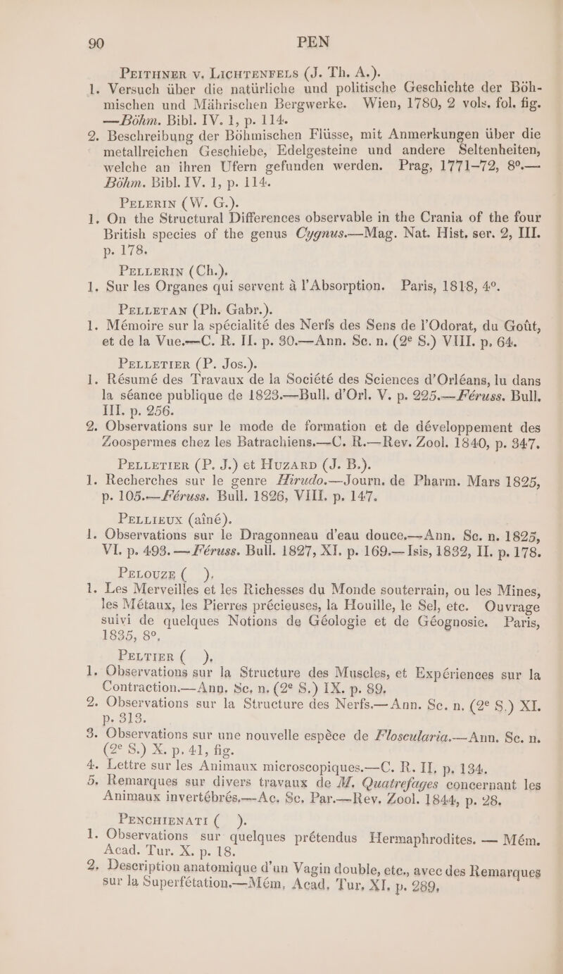 re forced PeITHNER v. LicHTENFELS (J. Th. A.). Versuch itiber die natiirliche und politische Geschichte der Boh- mischen und Mdhrischen Bergwerke. Wien, 1780, 2 vols, fol. fig. — Bohm. Bibl. IV. 1, p. 114. Beschreibung der Bohmischen Flisse, mit Anmerkungen uber die metallreichen Geschiebe, Edelgesteine und andere Seltenheiten, welche an ihren Ufern gefunden werden. Prag, 1771-72, 8°.— Bohm. Bibl. 1V. 1, p. 114. PELERIN (W. G.). British species of the genus Cygnus.—Mag. Nat. Hist, ser. 2, III. p. 178, PELLERIN (Ch.). PELLETAN (Ph. Gabr.). et de la Vue.——C. R. II. p. 30.—Ann. Se. n. (2° §.) VIII. p. 64. PELLETIER (P. Jos.). la séance publique de 1823.—Bull. d’Orl. V. p. 295.—Féruss. Bull. III. p. 256. Zoospermes chez les Batrachiens.—C. R.—Reyv. Zool. 1840, p. 347. PELLETIER (P. J.) et Huzarp (J. B.). p- 105.—éruss. Bull. 1826, VIII. p. 147. PELLIEUX (ainé). VI. p. 493. — Fréruss. Bull. 1827, XI. p. 169.— Isis, 1832, II. p. 178. PELOUZE (_ ). les Métaux, les Pierres précieuses, la Houille, le Sel, ete. Ouvrage suivi de quelques Notions de Géologie et de Géognosie. Paris, 1335;.8°, ; PELTIER (_ ), Contraction.—Annp, Sc. n. (2° S.) IX. p. 89. Peto Los (2° S.) &amp;. p. 41, fig. Animaux invertébrés,—Ac, Sc, Par.—Rey. Zool. 1844, p. 28. PENCHIENATI (_ ). Acad. Tur. X. p. 18. Deseription anatomique dan Vagin double, ete., avec des Remarques sur la Superfétation—Mém, Acad. Tur, XI. p- 289,