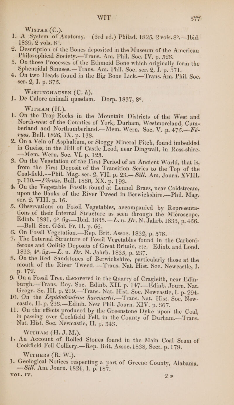 WIT | 5717 Wistar (C.). 1. A System of Anatomy. (3rd ed.) Philad. 1825, 2 vols. 8°.—Ibid. 1839, 2 vols. 8°. 2. Description of the Bones deposited in the Museum of the American Philosophical Society.—Trans. Am. Phil. Soc. IV. p. 526. 3. On those Processes of the Ethmoid Bone which originally form the Sphenoidal Sinuses.—Trans. Am. Phil. Soc. ser. 2, I. p. 371. 4. On two Heads found in the Big Bone Lick.—Trans. Am. Phil. Soc. ser. 2, I. p. 375. WISTINGHAUSEN (C. a). 1. De Calore animali quedam. Dorp. 1837, 8°. WiTHAM (H.). 1. On the Trap Rocks in the Mountain Districts of the West and North-west of the Counties of York, Durham, Westmoreland, Cum- berland and Northumberland.—Mem. Wern. Soe. V. p. 475.-—Fé- russ. Bull. 1826, IX. p. 138. 2. Ona Vein of Asphaltum, or Sloggy Mineral Pitch, found imbedded in Gneiss, in the Hill of Castle Leod, near Dingwall, in Ross-shire. —Mem. Wern. Soc. VI. p. 123. 3. On the Vegetation of tne First Period of an Ancient World, that is, from the First Deposit of the Transition Series to the Top of the Coal-field.-—Phil. Mag. ser. 2, VII. p. 23.— Sill. Am, Journ. XVIII. p- 110.—féruss. Bull. 1830, XX. p. 193. 4. On the Vegetable Fossils found at Lennel Braes, near Coldstream, upon the Banks of the River Tweed in Berwickshire.—Phil. Mag. ber. 2 VIII. p..16. 5. Observations on Fossil Vegetables, accompanied by Representa- tions of their Internal Structure as seen through the Microscope. Edinb. 1831, 4°. fig —Ibid. 1833.—Z. u. Br. N. Jahrb. 1833, p. 4.56. —Bull. Soc. Géol. Fr. II. p. 66. 6. On Fossil Vegetation.—Rep. Brit. Assoc. 1832, p: 578. 7. The Internal Structure of Fossil Vegetables found in the Carboni- ferous and Oolitic Deposits of Great Britain, ete. Edinb. and Lond. 1833, 4°. fig.—Z. u. Br. N. Jahrb. 1835, p. 237. 8. On the Red Sandstones of Berwickshire, particularly those at the mouth of the River Tweed. —Trans. Nat. Hist. Soc. Newcastle, I. p 177. 9. ‘On a Fossil Tree, discovered in the Quarry of Cragleith, near Edin- burgh.—Trans. Roy. Soc. Edinb. XII. p. 147.—Edinb. Journ. Nat. Geogr. Sc. IL. p. 219.—Trans. Nat. Hist. Soc. Newcastle, I. p- 294. 10. On the Lepidodendron harcourtii.—Trans. Nat. Hist. Soc. New- castle, II. p. 236.—Edinb. New Phil. Journ. XIV. p. 367. 11. On the effects produced by the Greenstone Dyke upon the Coal, in passing over Cockfield Fell, in the County of Durham.—Trans. Nat. Hist. Soc. Newcastle, II. p. 343. Wiruam (H. J. M.). 1. An Account of Rolled Stones found in the Main Coal Seam of Cockfield Fell Colliery—Rep. Brit. Assoc. 1838, Sect. p. 179. Wiraers (R. W.). 1. Geological Notices respecting a part of Greene County, Alabama. —Sill. Am. Journ. 1824, I. p. 187.